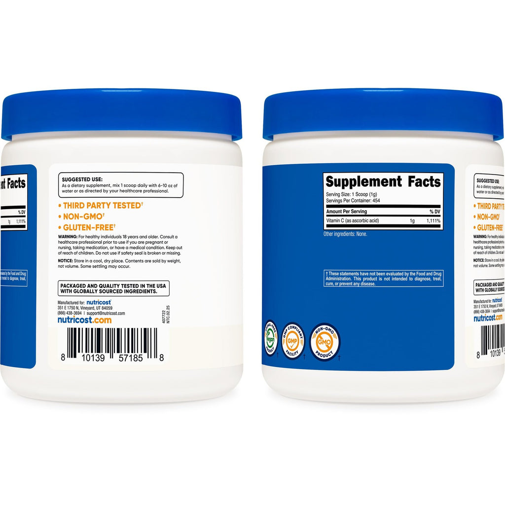 Nutricost Pure Ascorbic Acid Powder (1LB) Unflavored, Vitamin C Powder | 1g Per Serving, 454 Servings