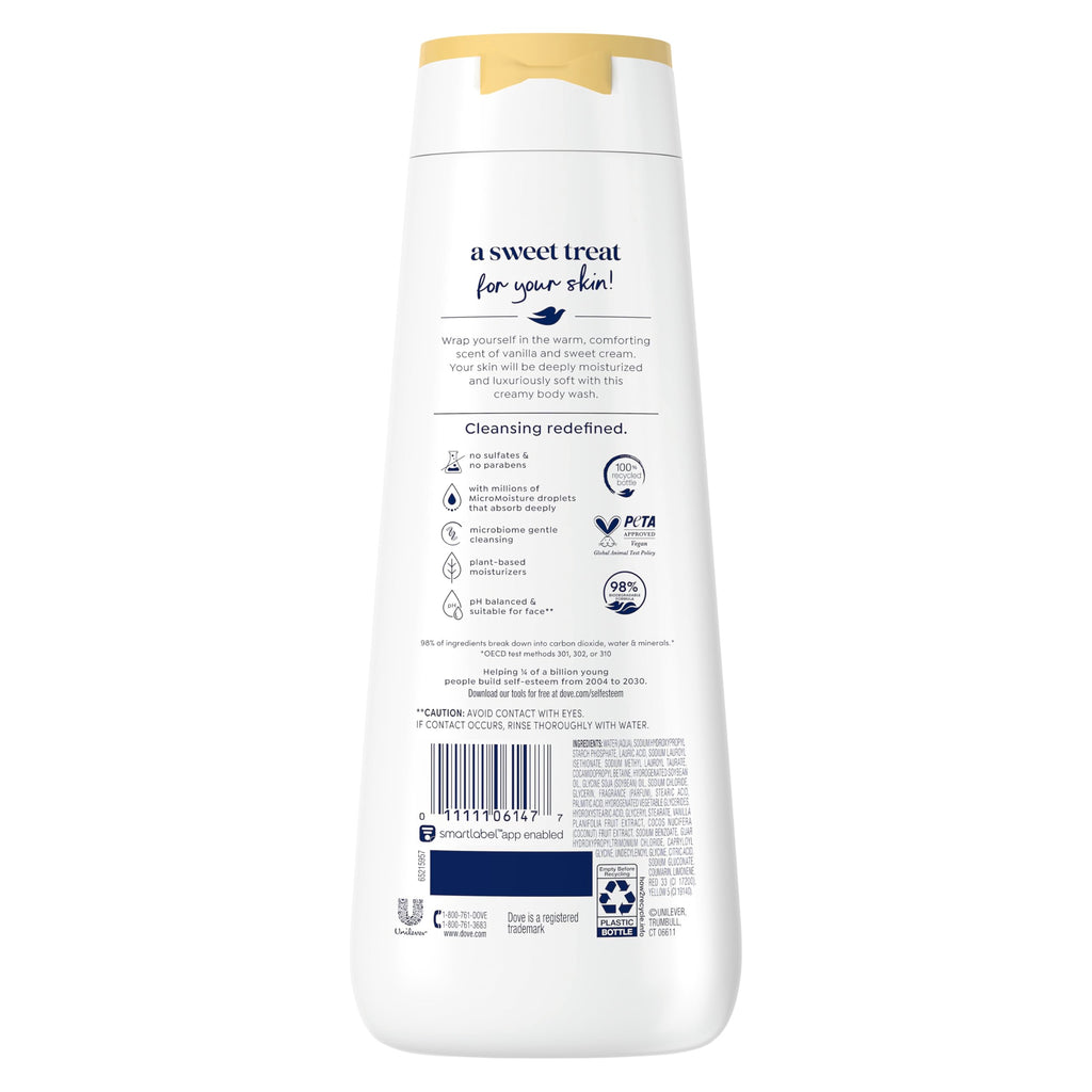 Dove Body Wash Warm Vanilla & Sweet Cream 20 oz, Sulfate Free | Dove Warm Vanilla & Sweet Cream Body Wash nourishes skin with rich vanilla scent and MicroMoisture technology.