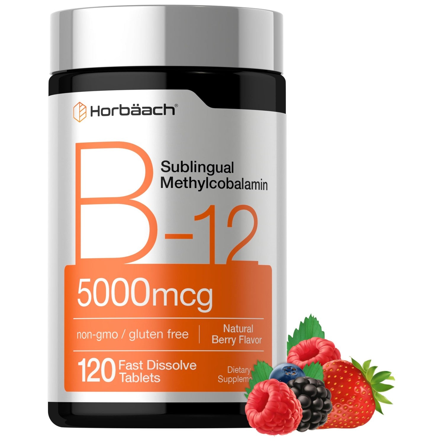 Horbäach B12 Vitamin 5000 mcg | 120 Fast Dissolve Tablets | Sublingual Methylcobalamin | Natural Berry Flavor | Vegan, Non-GMO & Gluten Free Supplement