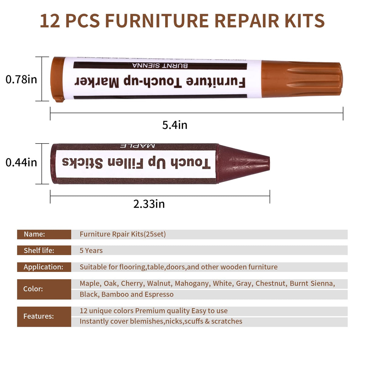 Furniture Repair Kit Wood Markers - Markers and Wax Sticks for Stains, Scratches, Wood Floors, Tables, Desks, Carpenters, Bedposts, Touch Ups, and Cover Ups (25)