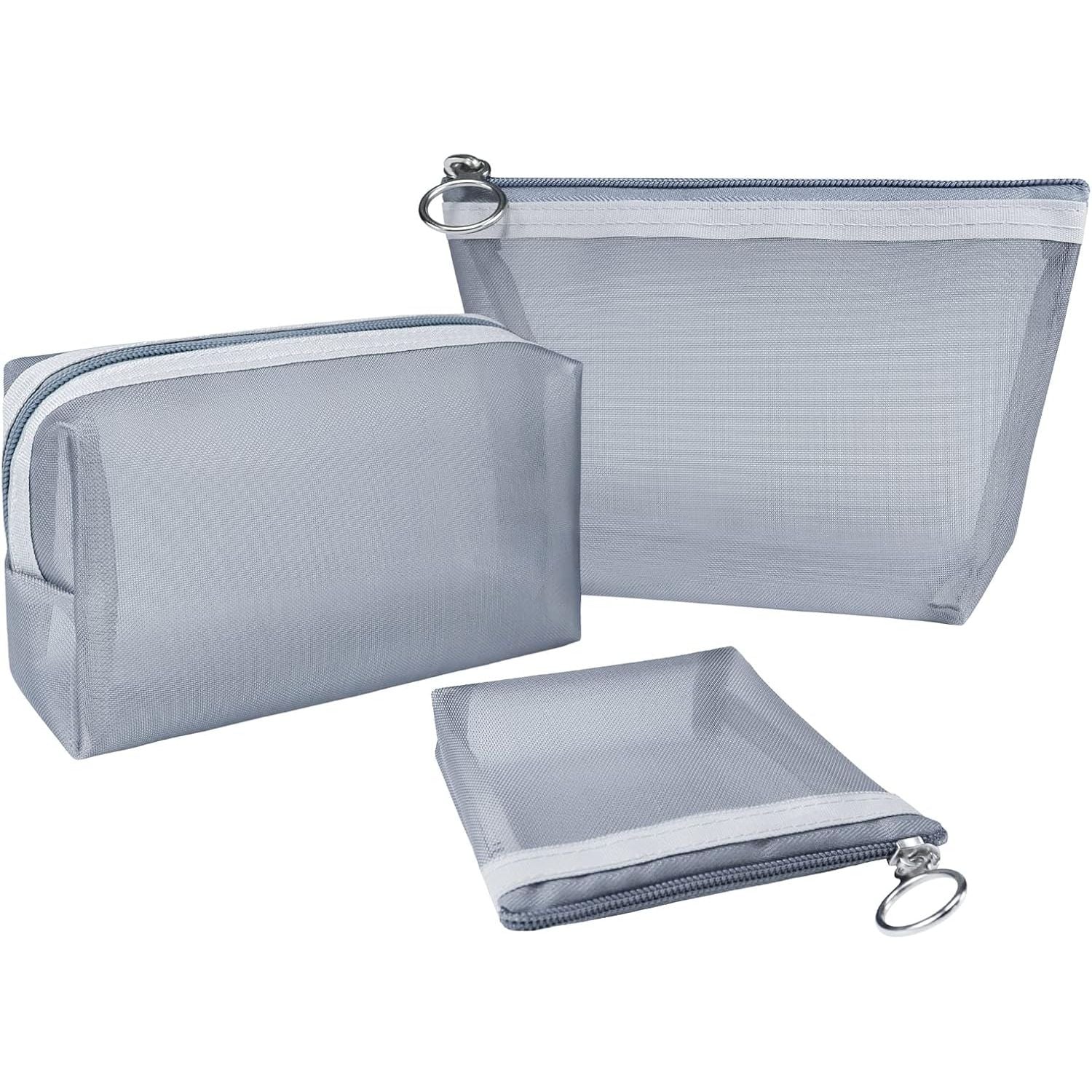 Buy now Aosbos 3-Pack Mesh Cosmetic Bag Set - Travel/On-The-Go Makeup Storage, Zipper Closure Small Pouch Grey at indiglob india