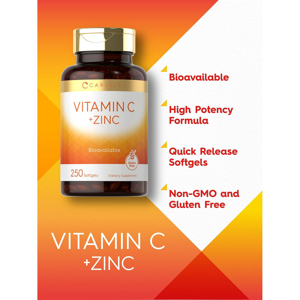 Carlyle Vitamin C with Zinc | 250 Softgels | Bioavailable | Ascorbic Acid