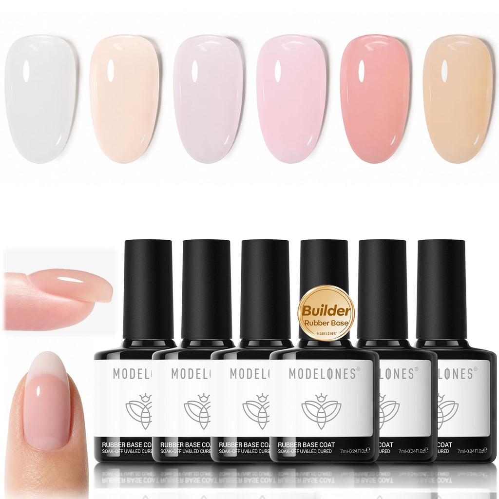 modelones Rubber Base Gel Polish Set 6 French Tip Color Builder Base | Milky White Pink Nude Blush Strengthener for Weak Nails Apex Building Long Last Soak Off U V DIY Manicure Builder in a Bottle