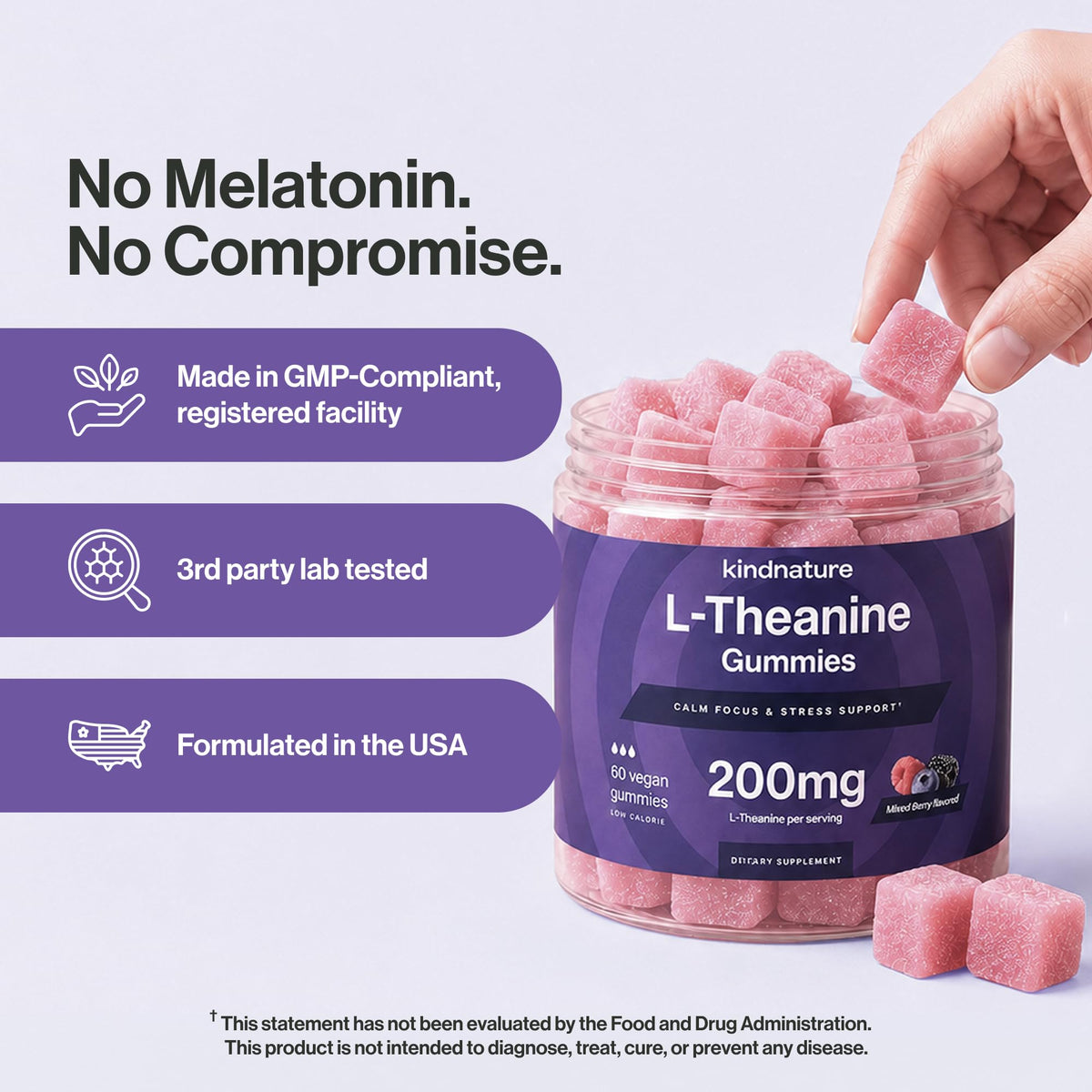 kindnature L-Theanine 200mg Gummies for Kids 4+ & Adults – Pure Single-Ingredient Calm & Focus Chewables – Clinical Dose, Non-Drowsy Relaxation – Vegan, Mixed Berry – 60 Ct