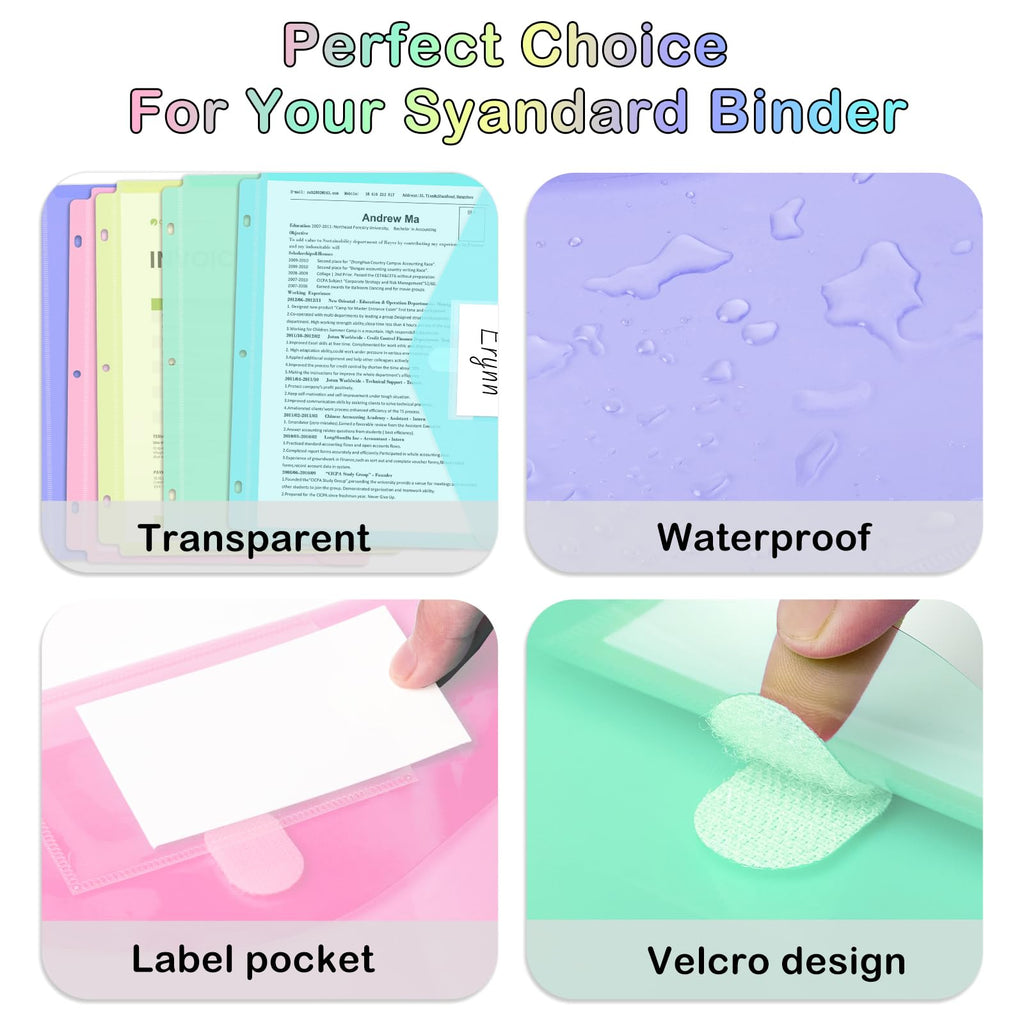 Binder Pocket, 10 Pack Super Heavyweight Plastic Folders for 3 Ring Binder, Folders with Pockets Side Loading, Binder Pouch with Label Expandable, Letter Size, Pastel Colors