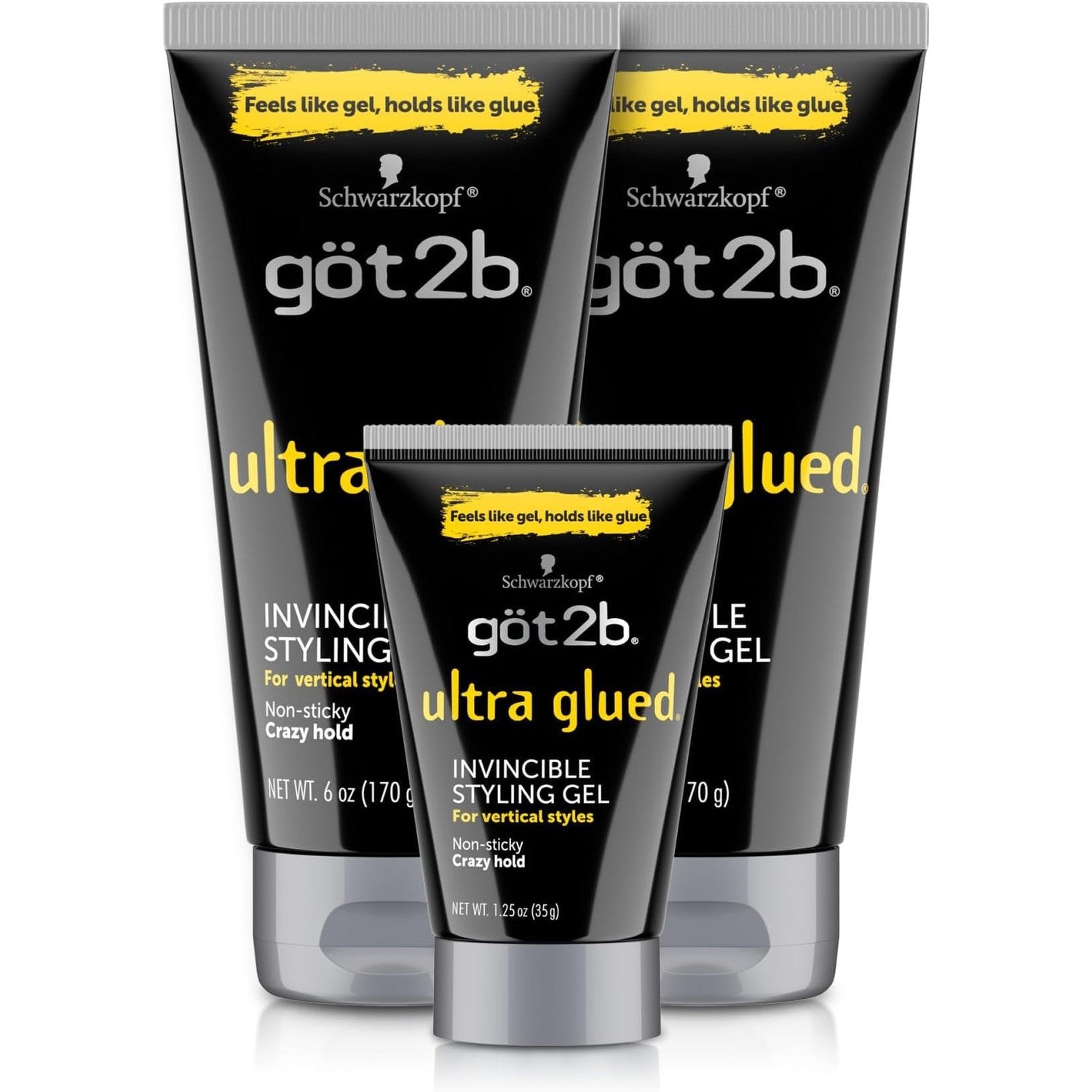 Got2B Ultra Glued Hair Gel, Extra Strong Hold, 6 Fl Oz + 1.25 Fl Oz | Locks styles in place, Non-sticky no-flake formula, Travel size included, For vertical spikes, Alpha XTR technology