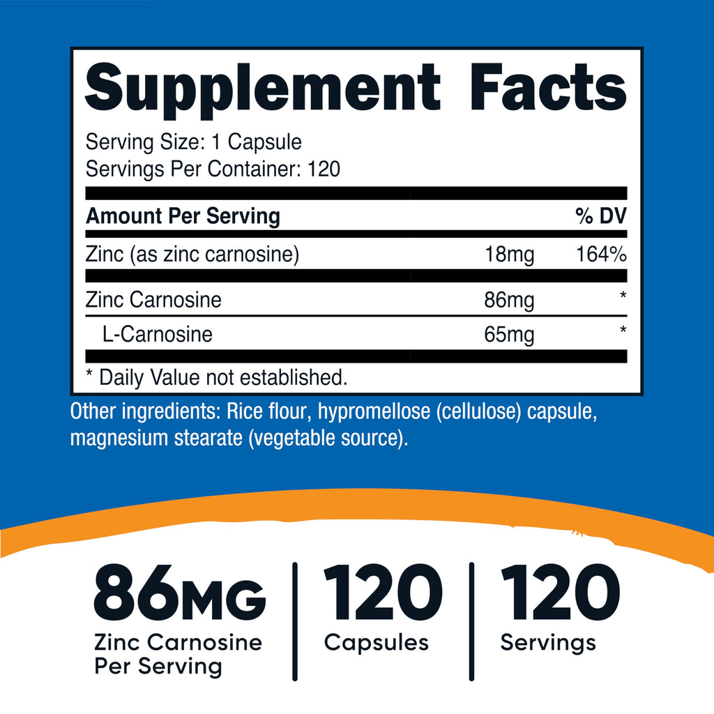Nutricost Zinc Carnosine 86mg, 120 Capsules, Zinc L-Carnosine Supplement | GMO-Free, Gluten Free