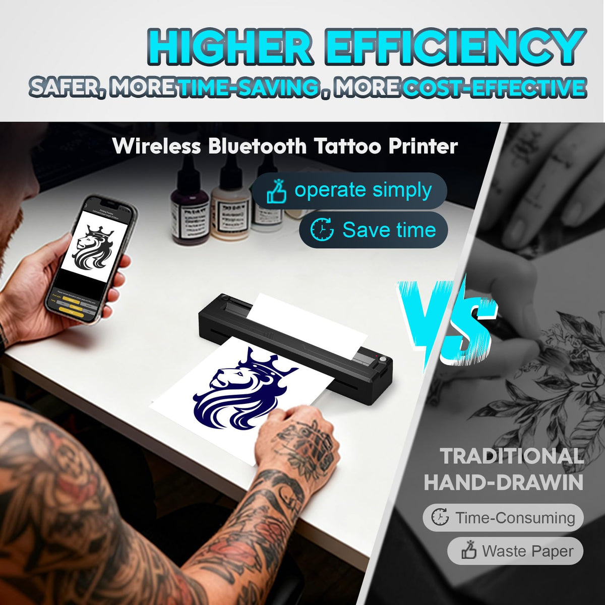 New Tattoo Stencil Printer - Fits A4-A8 Width Thermal Paper, Portable Wireless Bluetooth Thermal Tattoo Kit, Includes 10 Transfer Papers, for Artists & Beginners, Phones/Tablets/PC - Black