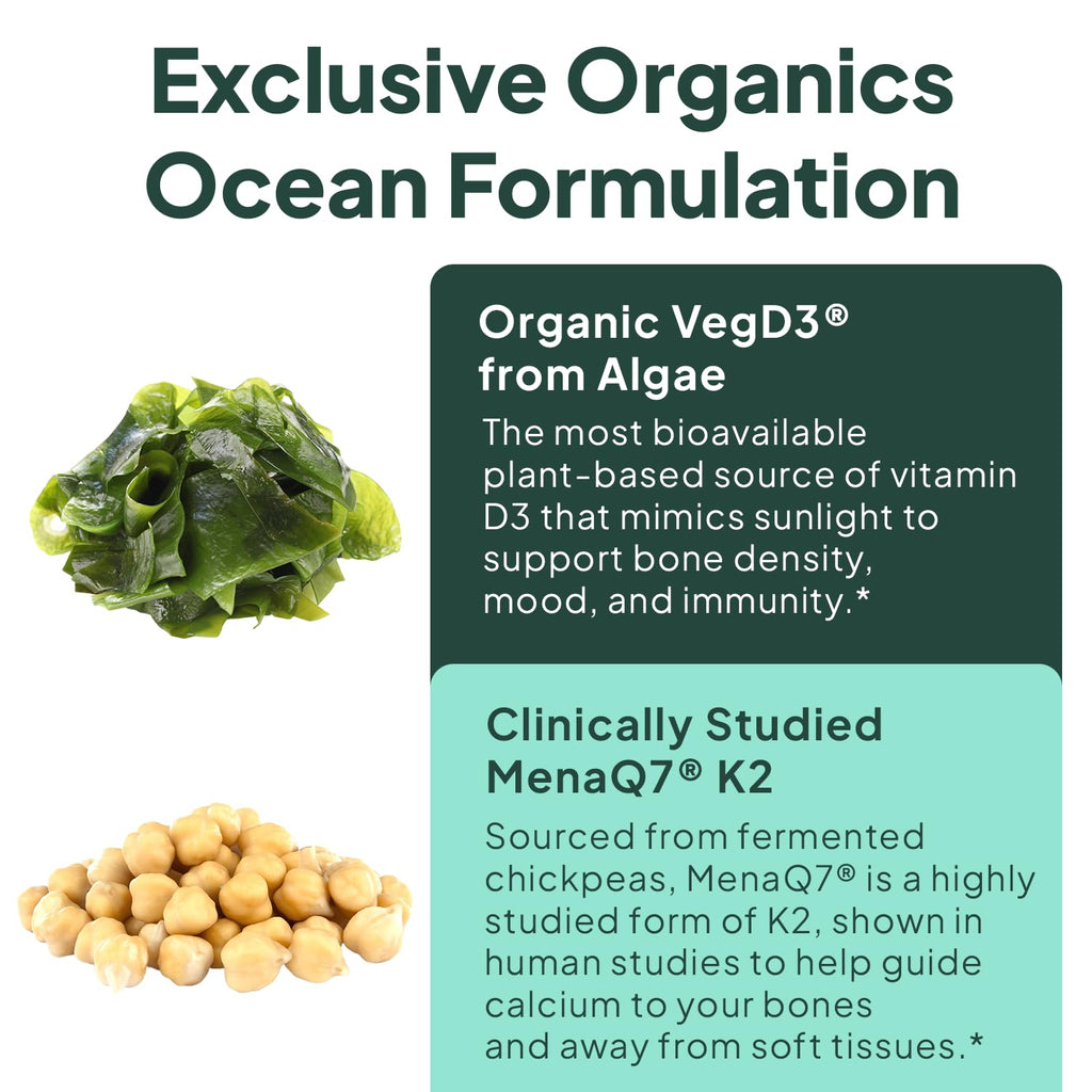 Organics Ocean Better D3 + K2-100% Organic VIT D3 and K2 Supplements with Maximum Bioavailability - Supports Bone Density, Calcium Balance, Immunity & Mood - 3-Pack, 90-Day Supply