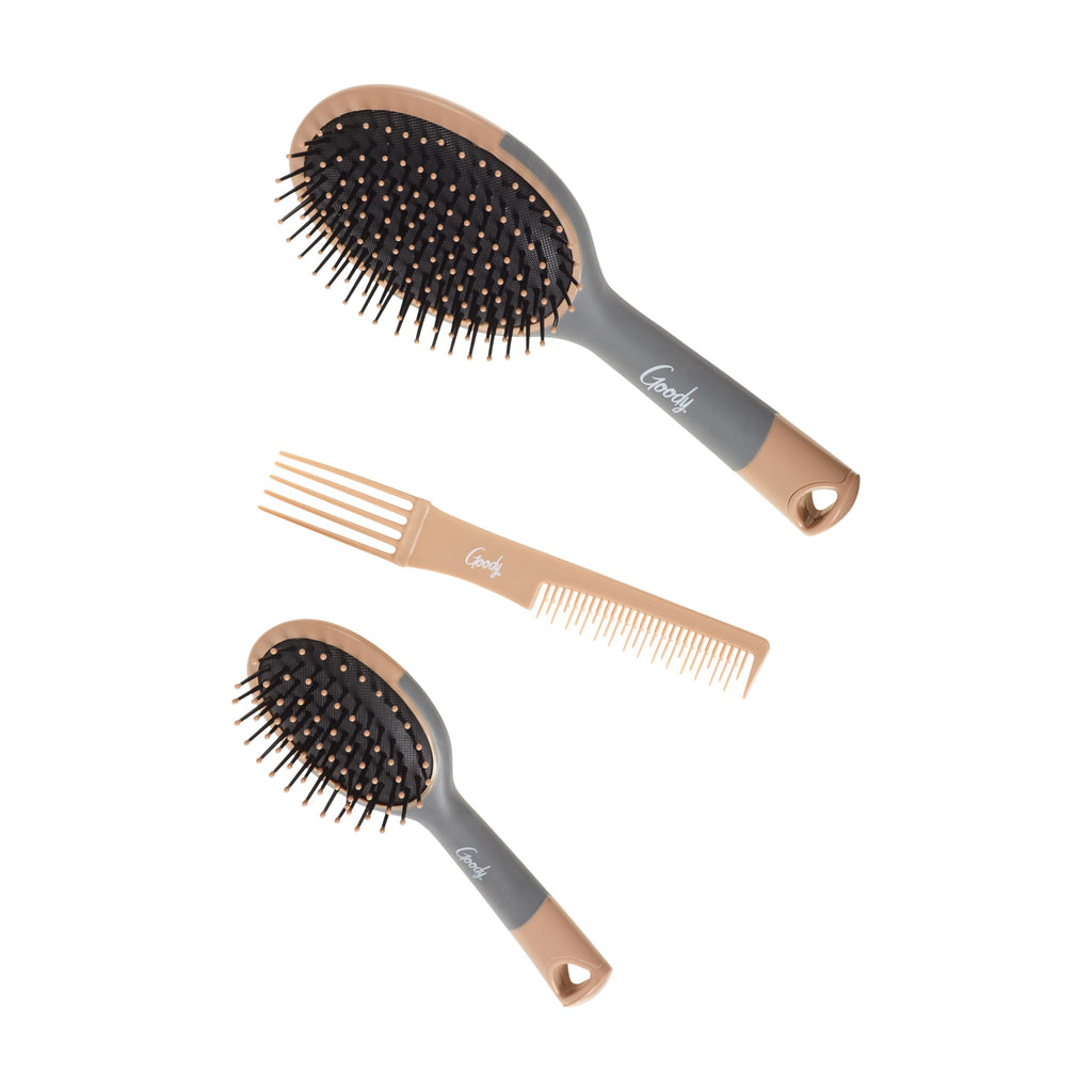 Goody Detangle It Hair Brushes Set - Large Oval Paddle Brush + Detangling Comb + Mini Brush, Suitable for Detangling & Styling, Pick Comb for Tangles On-the-Go, For Wet or Dry Hair, Brown/Grey