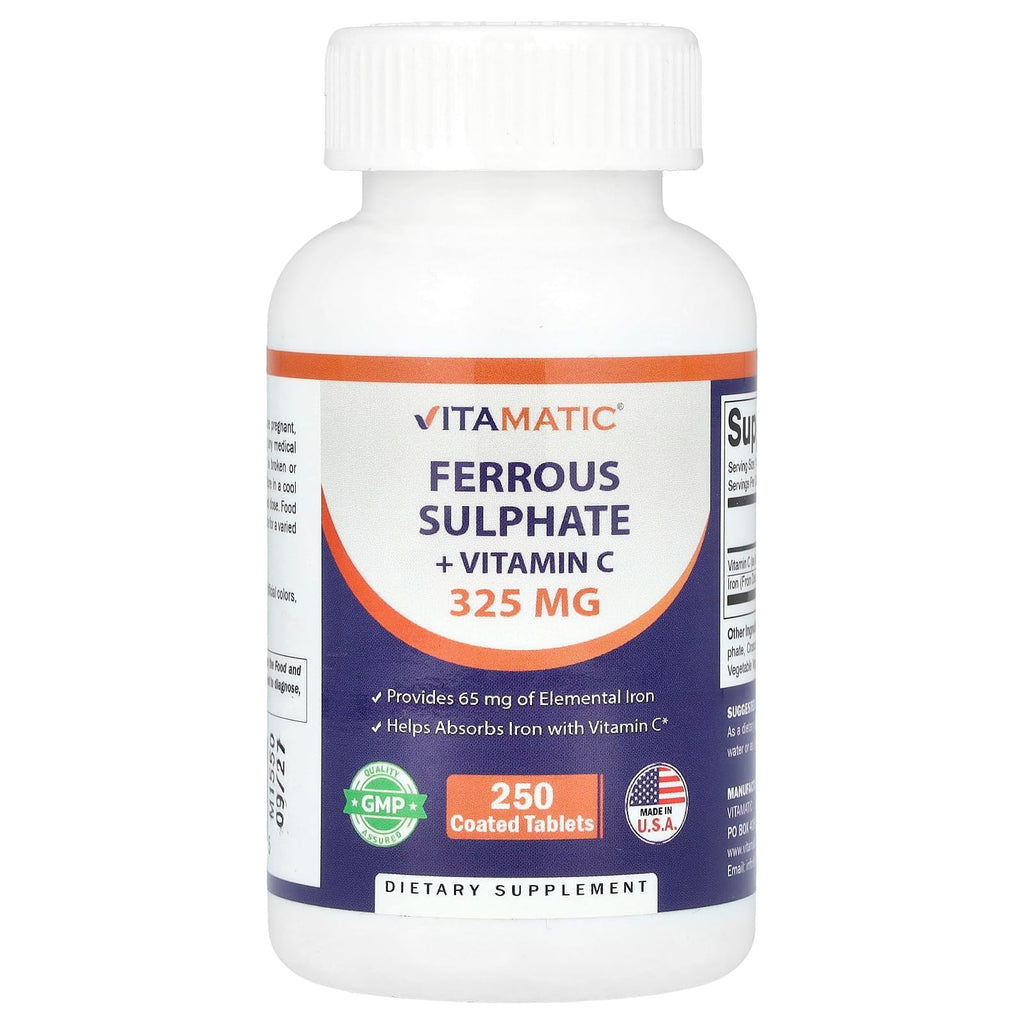 Vitamatic Ferrous Sulfate 325 mg with Vitamin C 100 mg (65 mg Elemental Iron) Coated Tablets – High Potency Iron Supplement – No Artificial Colors – Made in USA