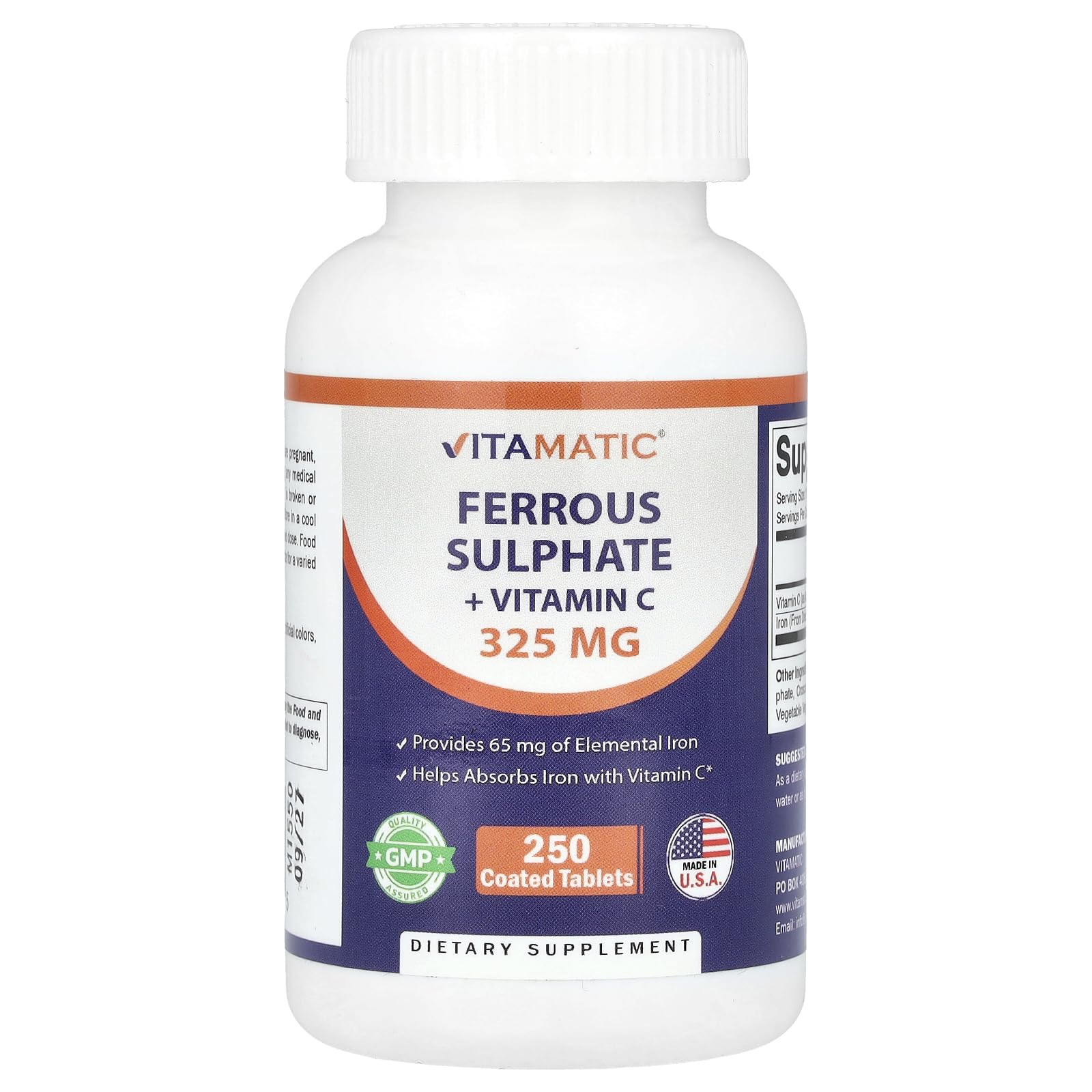 Vitamatic Ferrous Sulfate 325 mg with Vitamin C 100 mg (65 mg Elemental Iron) Coated Tablets – High Potency Iron Supplement – No Artificial Colors – Made in USA