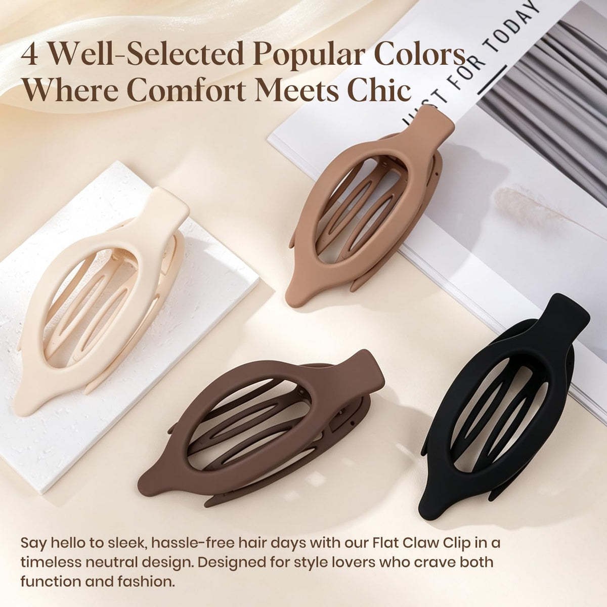 Set of 4 large flat hair clips for women in neutral colors; authentic design ideal for stylish comfort and functionality.