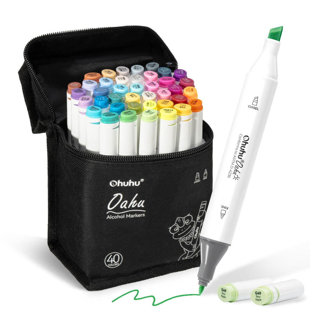 Ohuhu Alcohol Markers 40 Colors Chisel Fine AP Certified for Adult Coloring