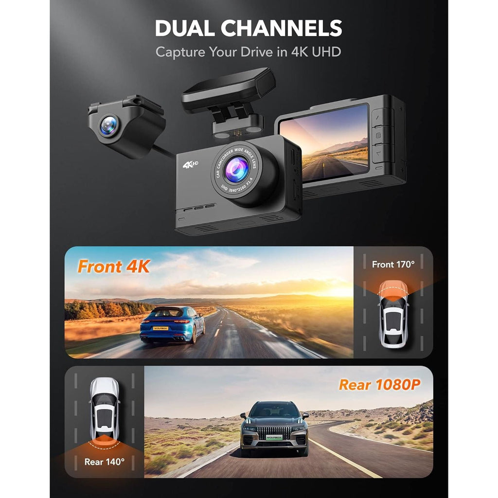 Buy now WOLFBOX Dash Cam Front and Rear, D07 4K Dash Camera for Cars with WiFi GPS, 4K/2.5K + 1080P Dual Dashcam with 2.45" LCD, 170°FOV, Night Vision, Loop Recording, Smart Parking Monitor, Magnetic Mount at indiglob india