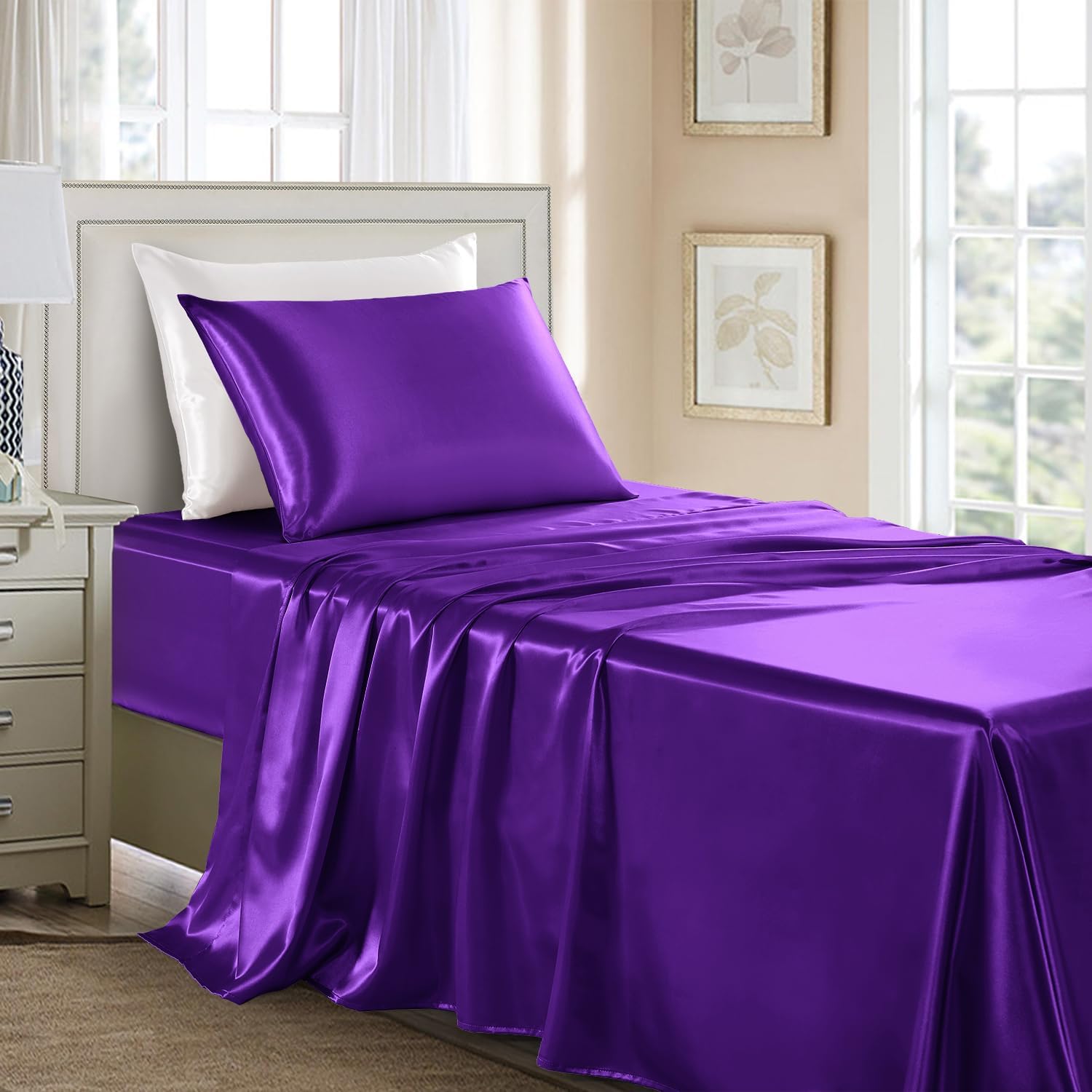 Buy now Satin Sheets King Size - 4 Pieces Luxury Silky Soft Bed Sheets, Wrinkle-Free Gold Satin Silk Sheet Set with 1 Deep Pocket Fitted Sheet, 1 Flat Sheet, 2 Pillow Cases Twin Dark Purple at indiglob india