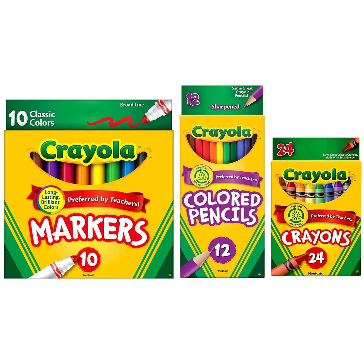 Crayola Classic Bundle: 3 Items - Crayons (24 Count), Broad Line Markers (10 Count), Colored Pencils (12 Count)