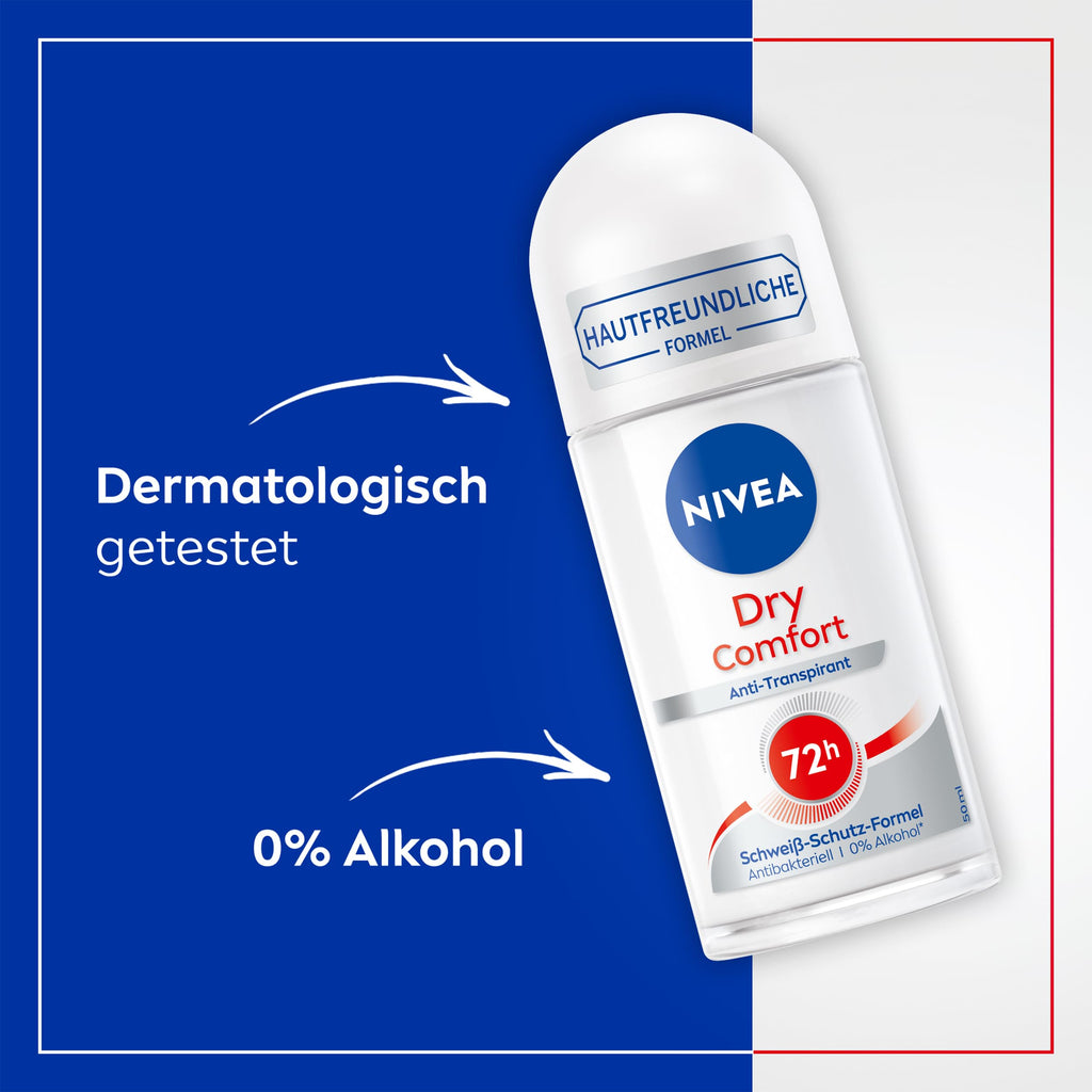 NIVEA Women Dry Comfort Roll-On Antiperspirant Deodorant 50 ml (1.69 fl oz), Alcohol-Free Formula, Gentle Fragrance, Daily Underarm Care, Compact Travel Size, Dermatologically Tested
