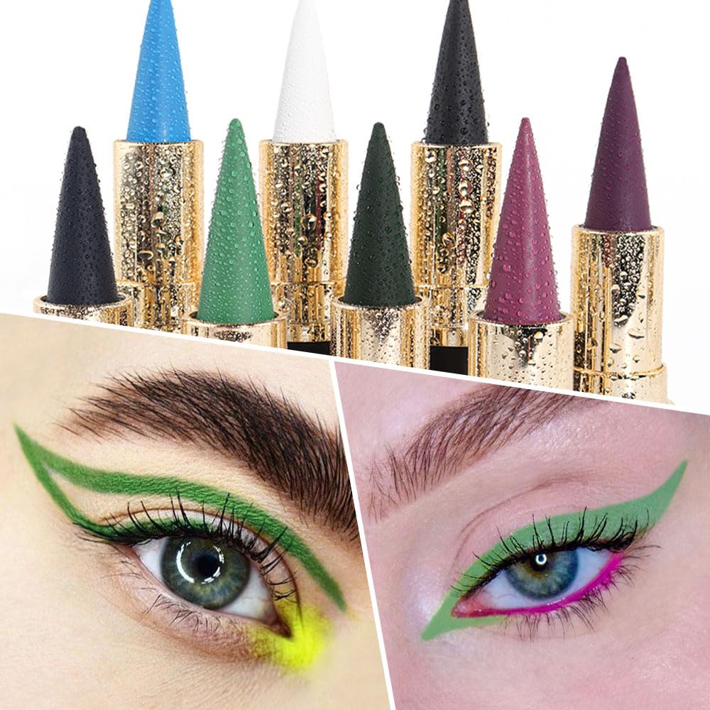 Set of 10 vibrant gel eyeliner pencils with a model showcasing bold green eyeliner. Verified by CuratCart.
