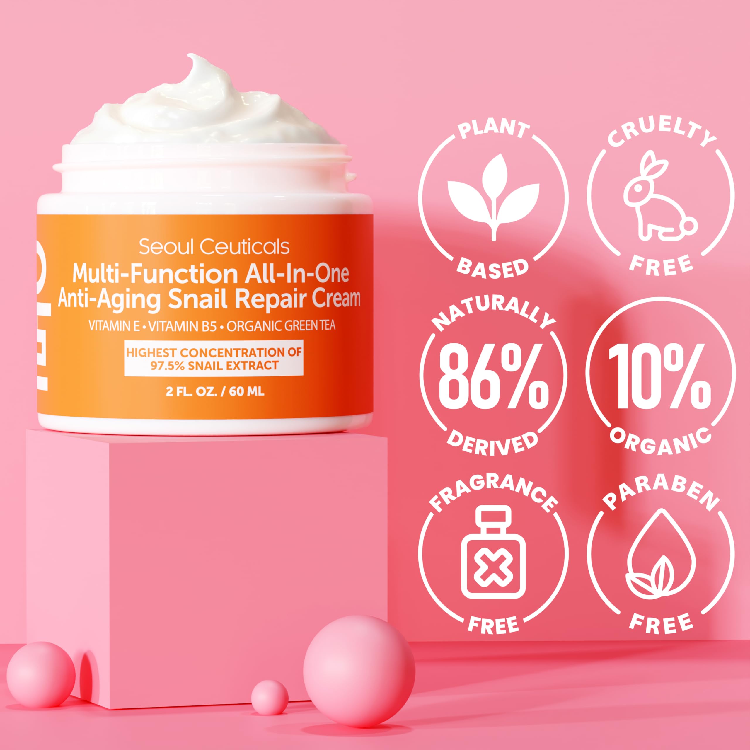 SeoulCeuticals 97.5% Snail Mucin Korean Face Moisturizer Day & Night Cream | 2oz Anti Wrinkle Anti Aging Repair, Natural Organic Cruelty Free Skin Care, K Beauty Facial Skincare for Oily Normal Dry Skin