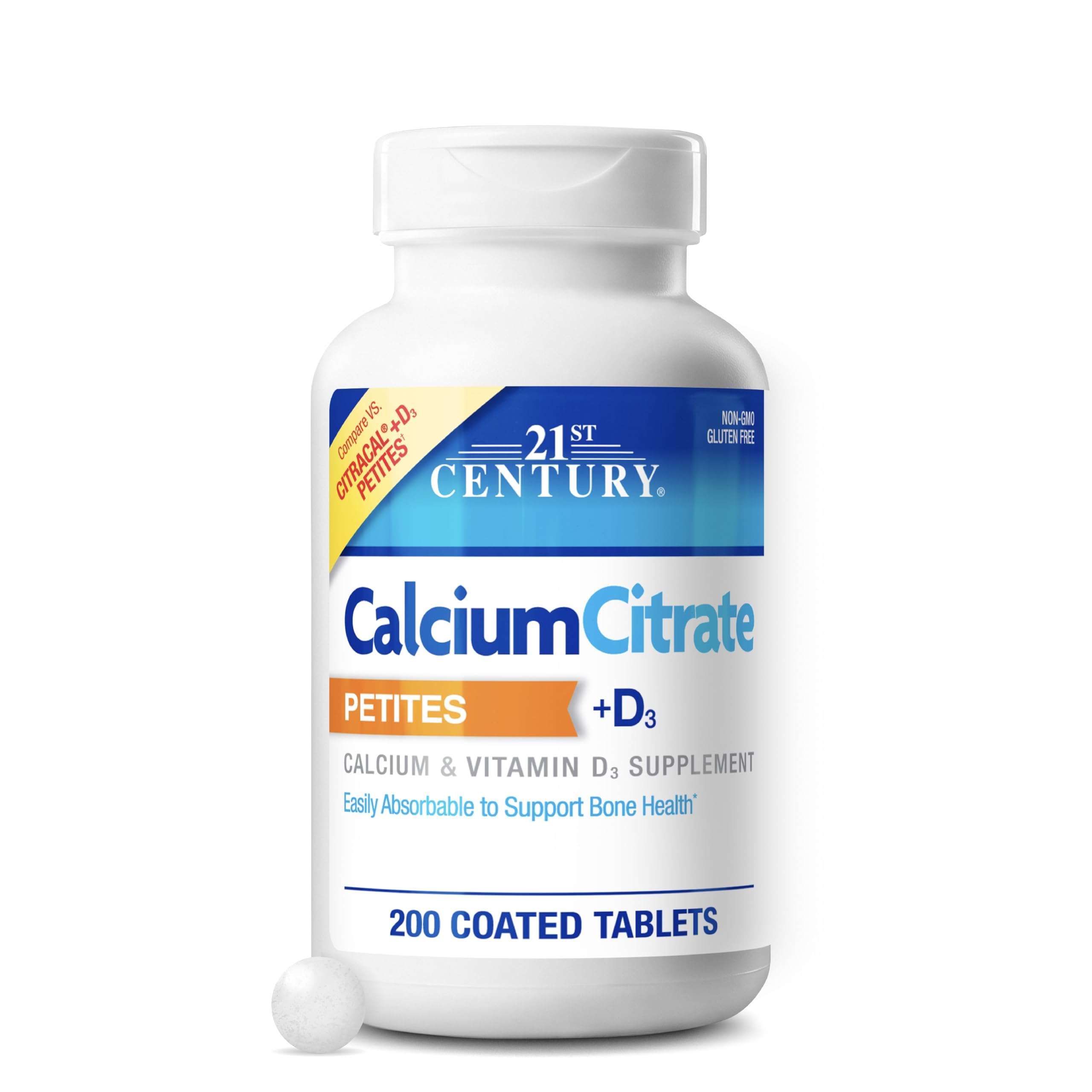 21st Century Calcium Citrate + D3 Petites, Easy to Swallow, 200 Count | Highly Absorbable Calcium Citrate with Vitamin D3, Compare VS. Citracal® +D3 Petites, Bone Strength & Density Support