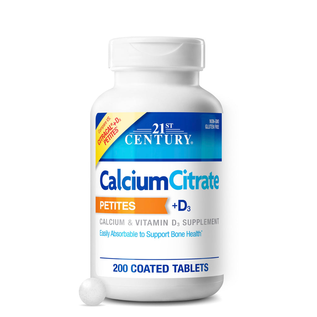 21st Century Calcium Citrate + D3 Petites, Easy to Swallow, 200 Count | Highly Absorbable Calcium Citrate with Vitamin D3, Compare VS. Citracal® +D3 Petites, Bone Strength & Density Support