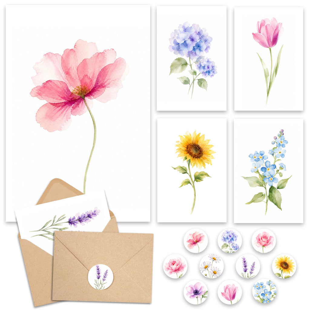 AUDREE Blank Cards with Envelopes, Watercolor Flower 50 Pack 3.5x5 inches