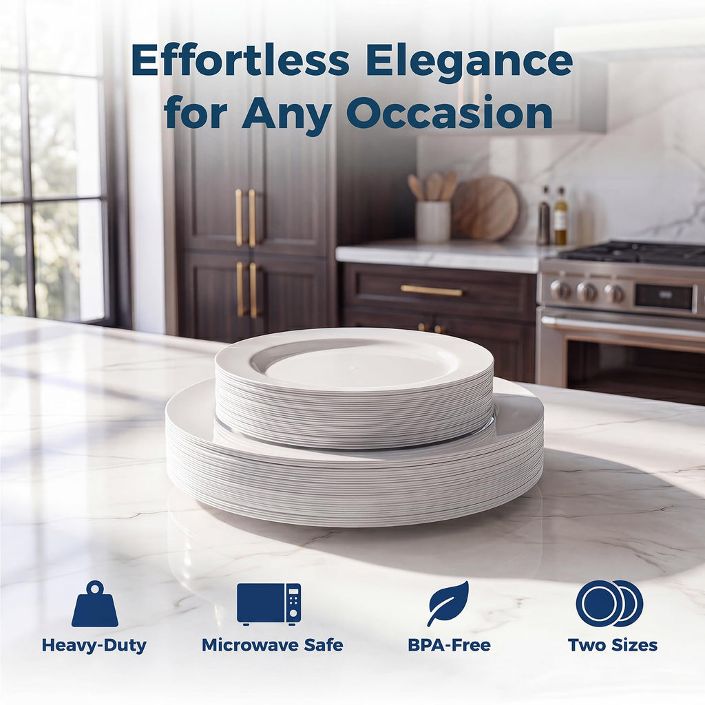 Disposable White Plastic Plates 60 Pack, Microwave, Dishwasher Safe