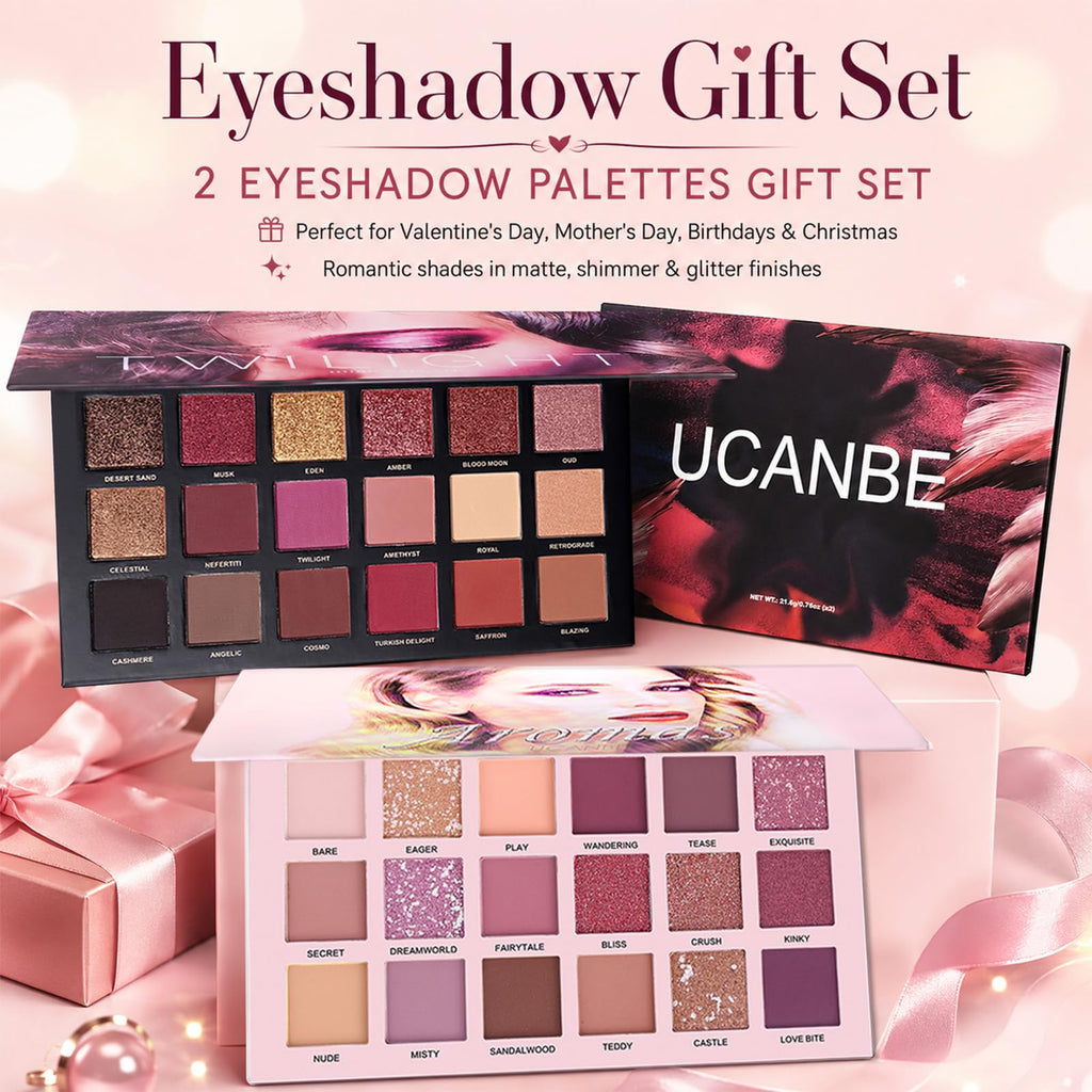 UCANBE 2Pcs Twilight Dusk & Aromas Nude Eyeshadow Palette Makeup Set, Matte Shimmer Glitter Pressed Pearl All Highly Pigmented Blending Powder, Natural Velvet Texture Eye Shadow Kit