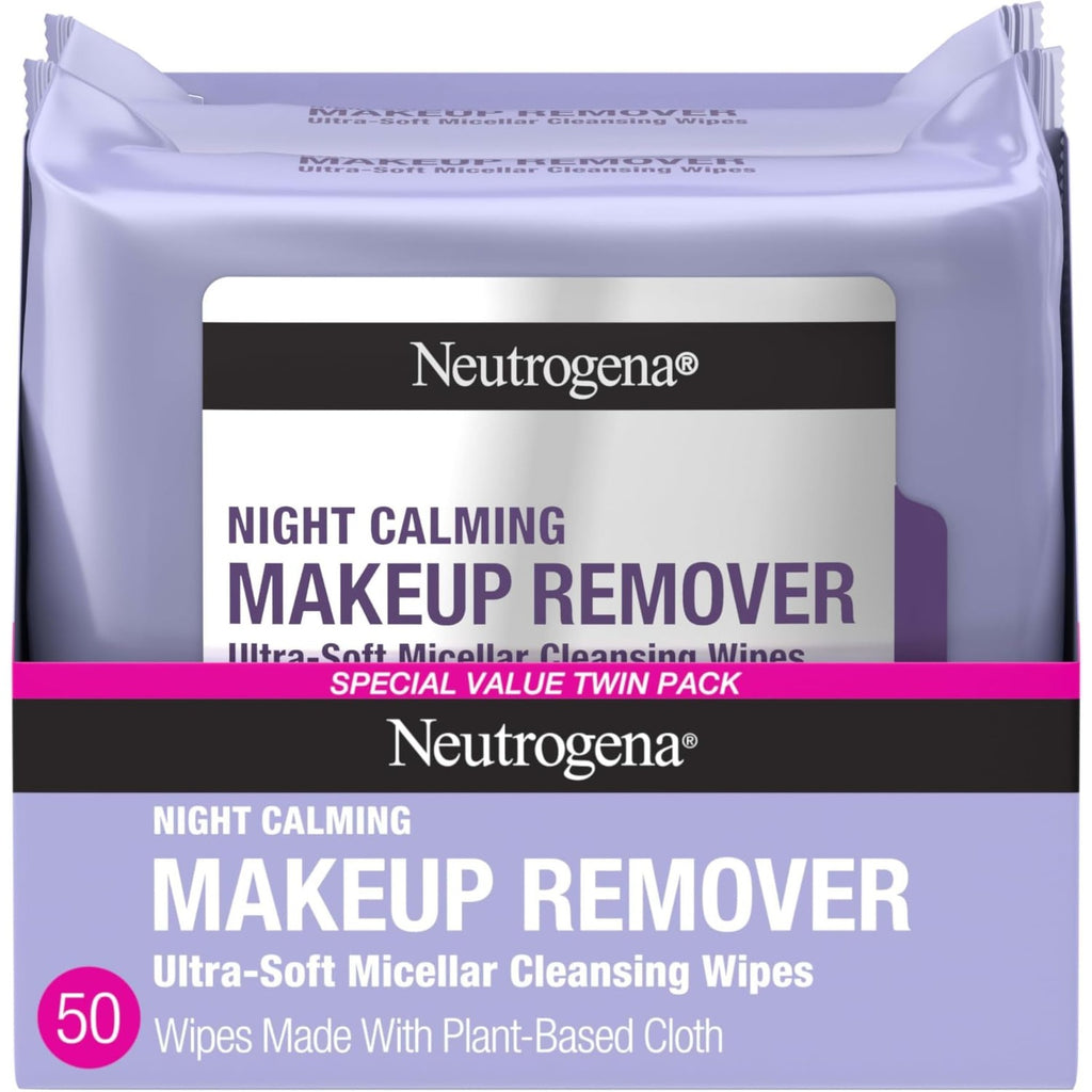 Neutrogena Night Calming Makeup Remover Face Wipes, 2 x 50 ct | Nighttime Cleansing Towelettes, Remove Sweat Dirt & Makeup, Hypoallergenic, 100% Plant Based Cloth
