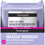 Neutrogena Night Calming Makeup Remover Face Wipes, 2 x 50 ct | Nighttime Cleansing Towelettes, Remove Sweat Dirt & Makeup, Hypoallergenic, 100% Plant Based Cloth