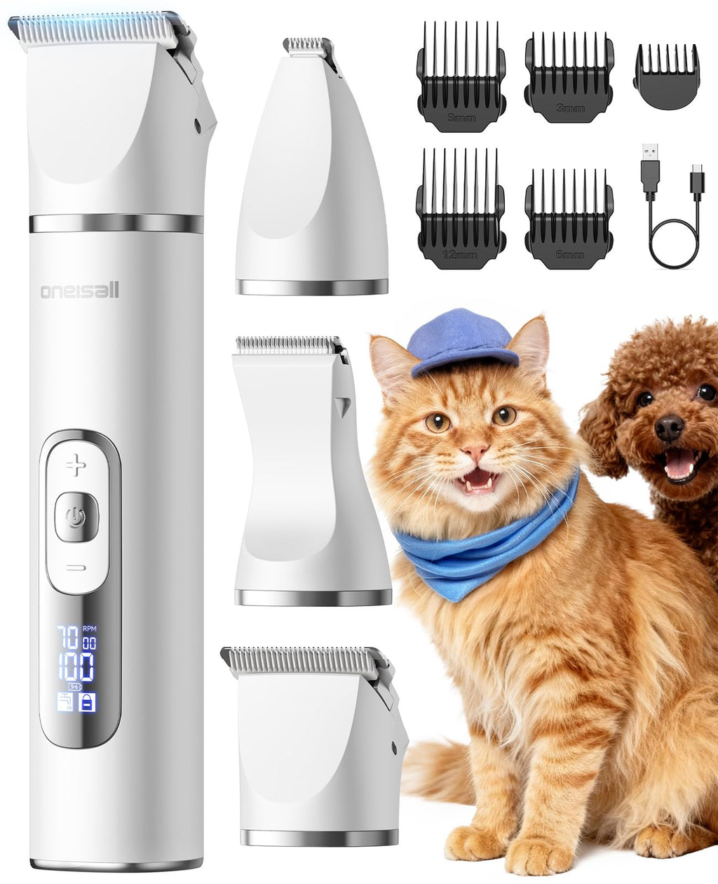 oneisall Quiet Cat Clippers for Matted Hair, 3 in 1 Cat Grooming Kit