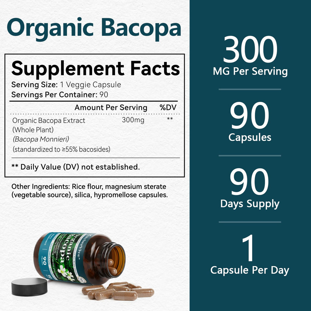 Organic Bacopa Monnieri Supplement 300 mg, Standardized to ≥55% Bacosides