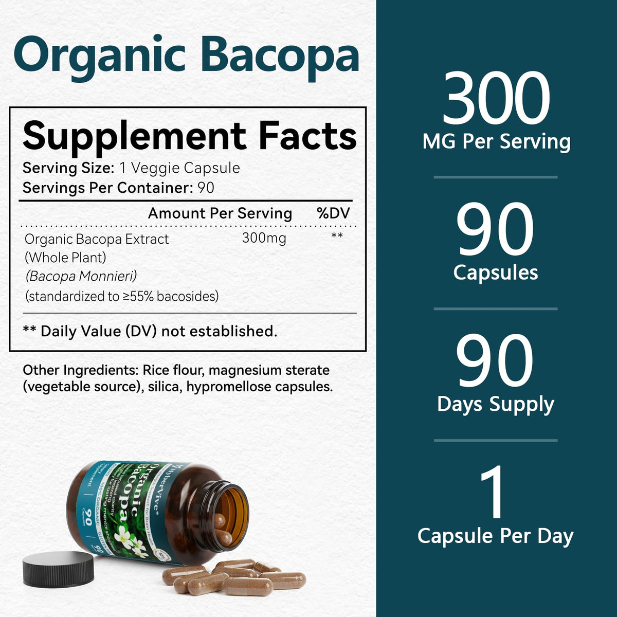 Organic Bacopa Monnieri Supplement 300 mg, Standardized to ≥55% Bacosides