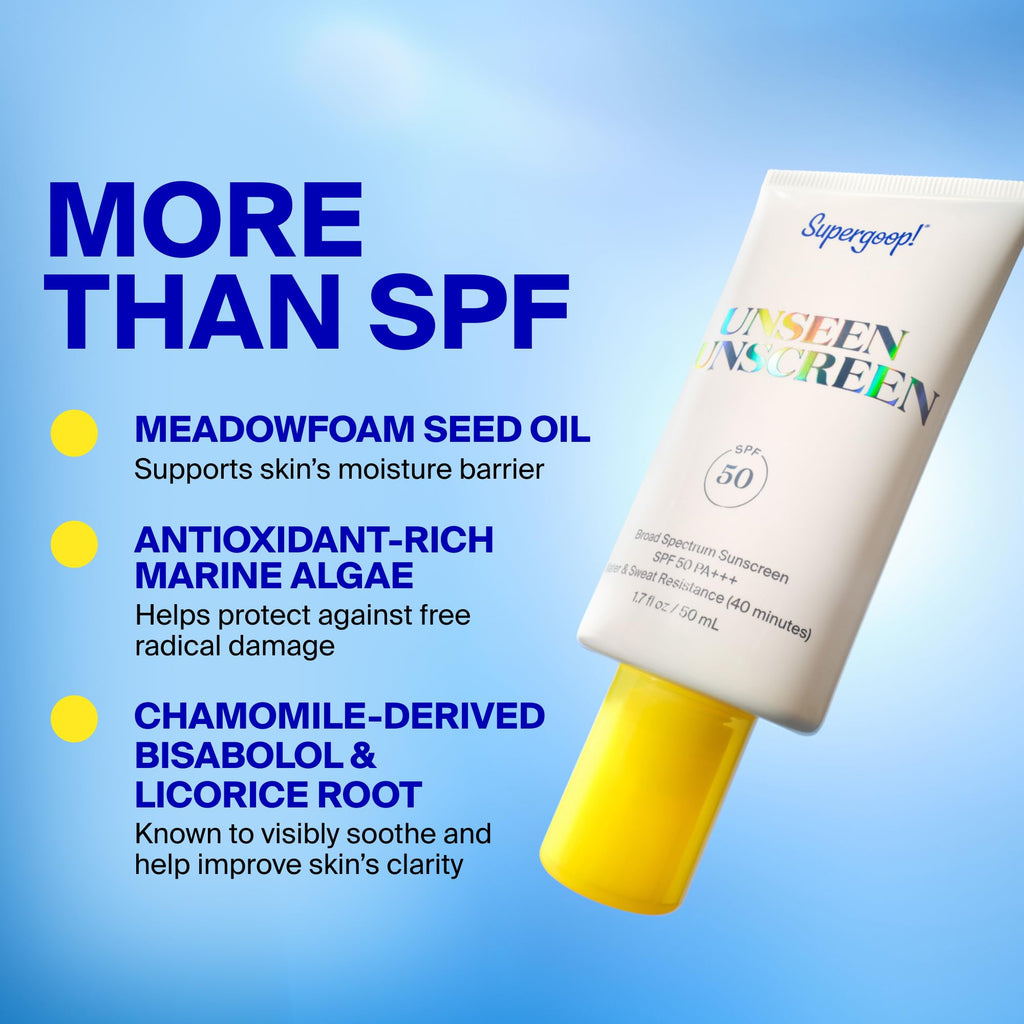 Supergoop! Unseen Sunscreen - SPF 50 - Clear & Invisible Face Sunscreen + Broad Spectrum + Makeup-Gripping Primer - Weightless, Scentless, Oil Free