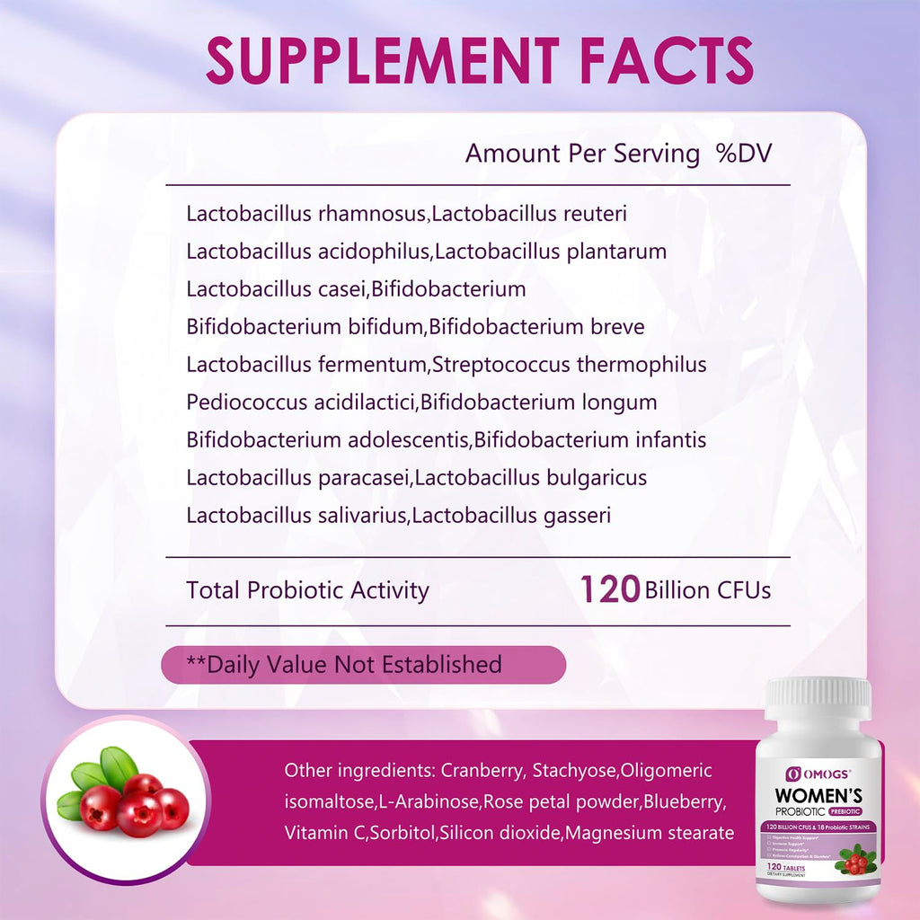 OMOGS 2PCS Women's Probiotic, with Cranberry Extract, Organic Prebiotics & Vitamin C, 120 Billion CFUs,18 Strains, Help for Boost Immune, Digestive, Gut Health & Women's Health, 240 Tablets