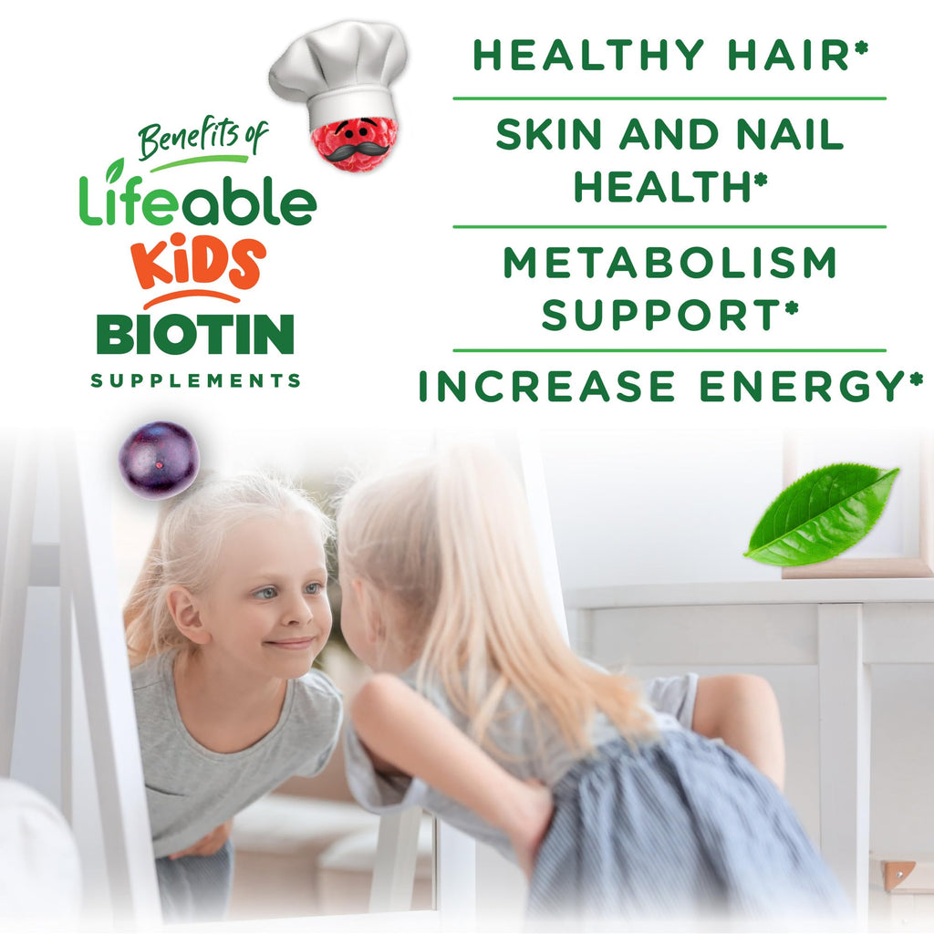Lifeable Kids Biotin Gummies | 5,000mcg | Great Tasting Natural Flavor Biotin Supplement | Vegan Hair Gummies | for Hair Skin and Nails | 90 Gummies