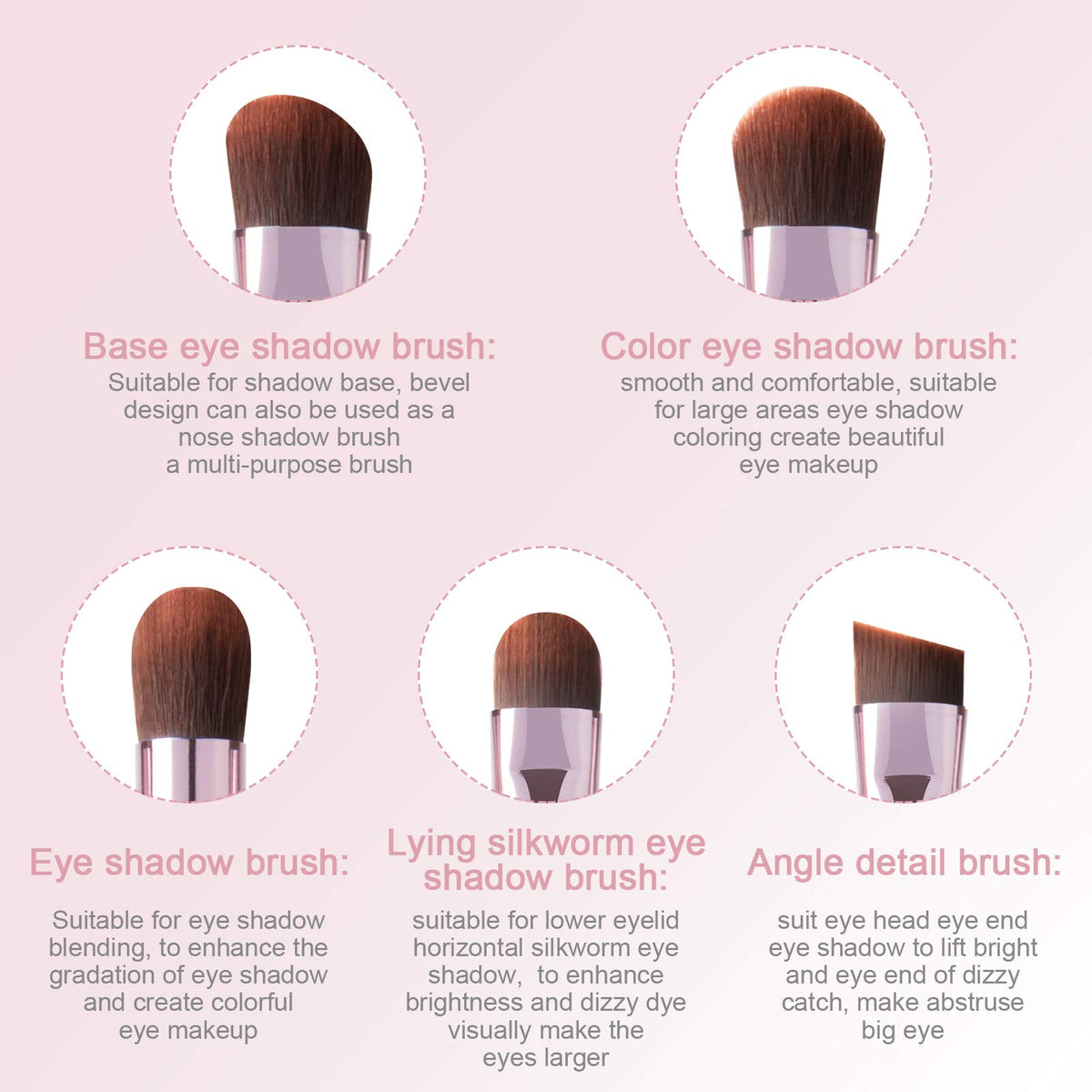 5Pcs Eye Makeup Brush Set, Portable Eyeshadow brushes with Pink Travel Case. Basic eyeliner, angle, concealer, slanted eyebrow brush, recommended by travel makeup artist for beginner