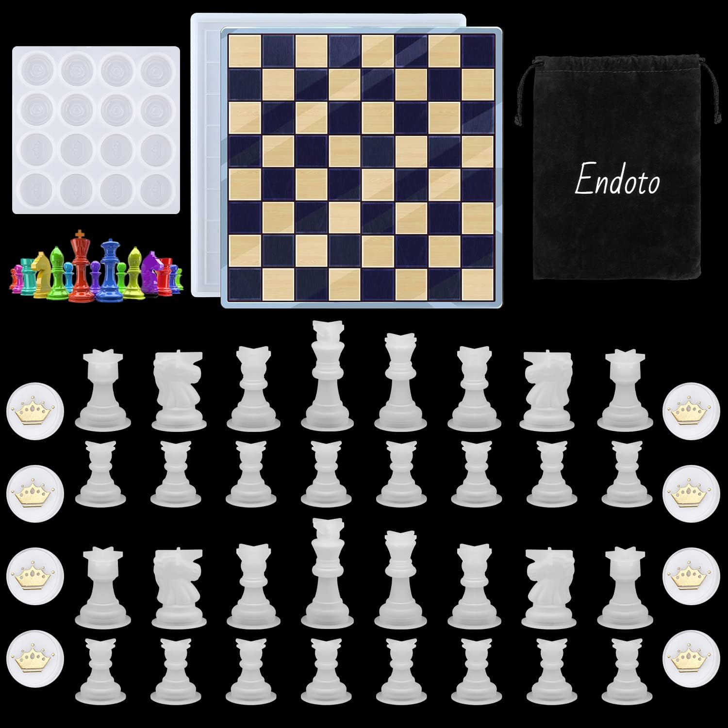 Buy now Endoto Chess Set with Checkers Board Silicone Resin Mold, 16 Pieces Full Size 3D Chess Crystal Epoxy Casting Molds for DIY Art Crafts Making, Family Party Board Games and Home Decoration 32pcs Chess Mold Set at indiglob india