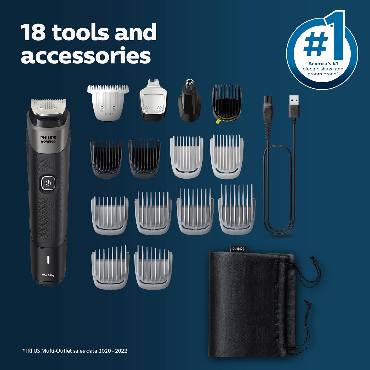 Buy now Philips Norelco Multigroom 5000 Series, All-in-One Trimmer and Hair Clipper, 18-Piece Men's Grooming Kit for Beard, Face, Hair, Body and Intimate Areas, No Blade Oil Needed, Model MG5910/49 at indiglob india