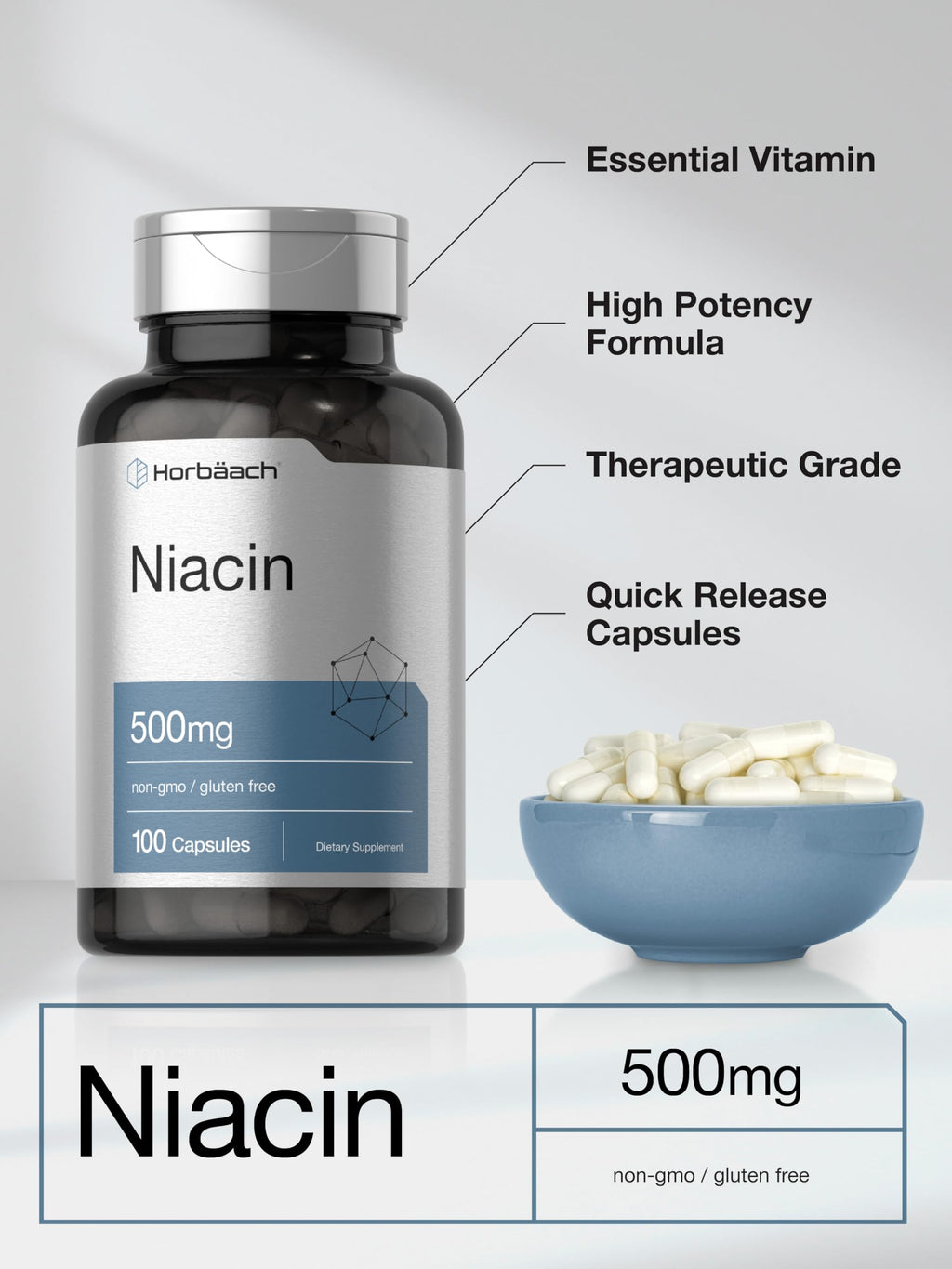 Horbäach Niacin | Vitamin B3 500mg | 100 Capsules | with Flushing