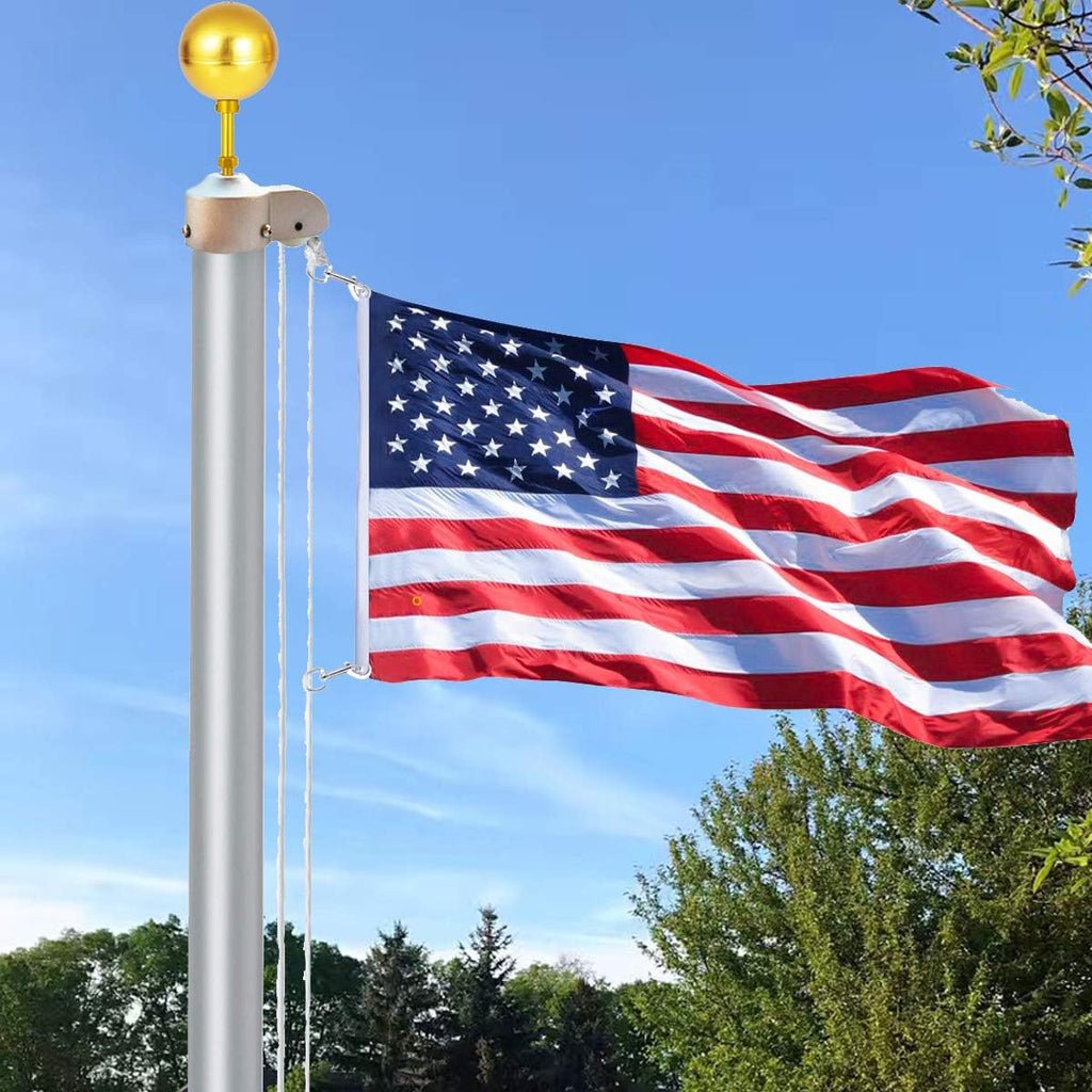 Buy now EKEV Flag Pole Hardware Parts Repair Kits - 3" Topper Gold Ball + 50 Ft Halyard Rope + 6" Cleat Hook + 4 Flag Swivel Snap Hooks + Flagpole Pulley Truck for 2" OD Tube at indiglob india