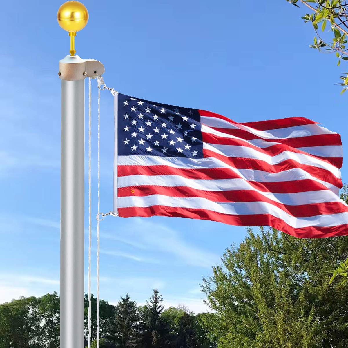 Buy now EKEV Flag Pole Hardware Parts Repair Kits - 3" Topper Gold Ball + 50 Ft Halyard Rope + 6" Cleat Hook + 4 Flag Swivel Snap Hooks + Flagpole Pulley Truck for 2" OD Tube at indiglob india