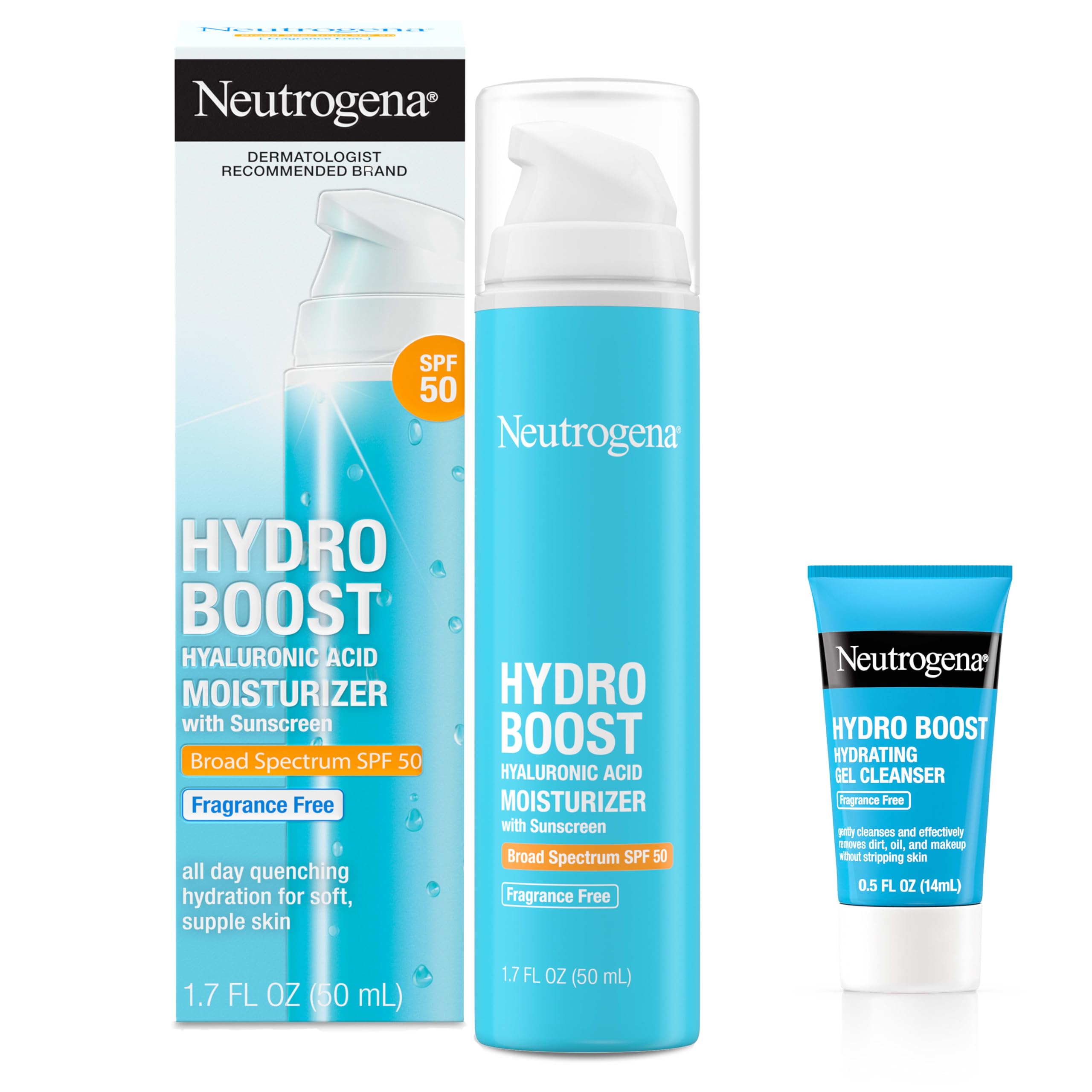 Buy now Neutrogena Hydro Boost Hyaluronic Acid Hydrating Face Moisturizer With SPF 50, Fragrance Free Facial Moisturizer, 1.7 fl. oz, & Trial Size Hydro Boost Facial Cleanser, 0.5 fl. oz at indiglob india