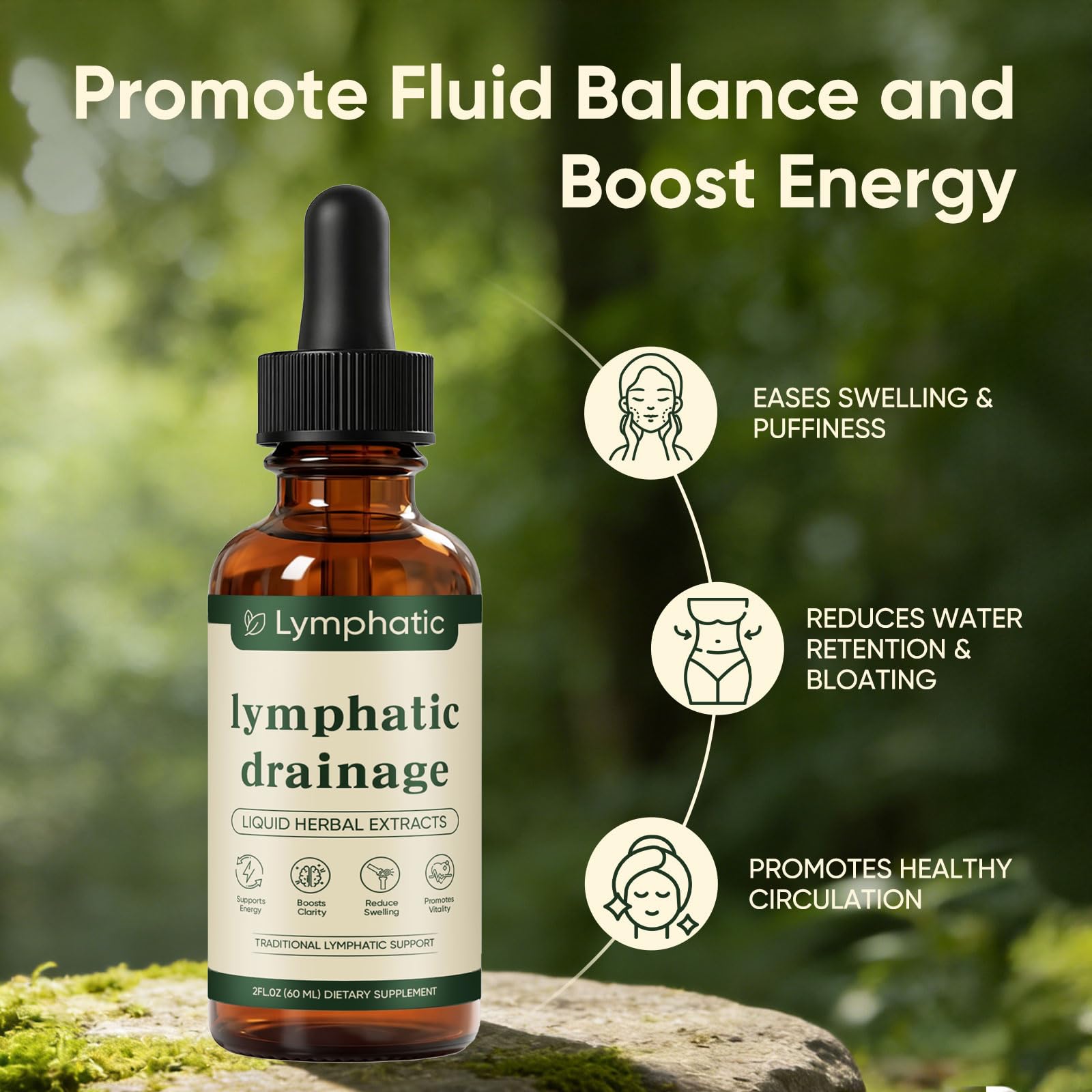 Lymphatic Drainage Drops, Bloat Relief & De-Puff, Immune & Lymph System Support Supplement, – Cleavers, Red Clover, Stillingia Root & Prickly Ash Bark, Fluid Retention, Vegan & Alcohol-Free, 2 Fl Oz