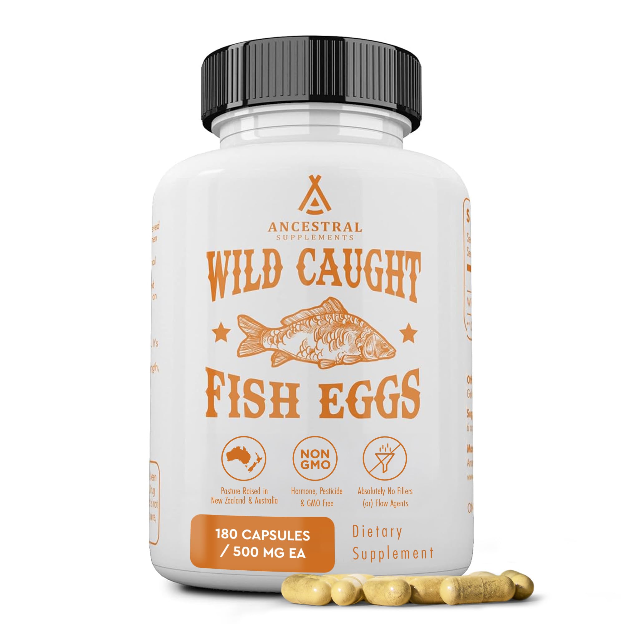 Ancestral Supplements Wild Caught Fish Eggs, Omega-3 Supplement, 180 Ct | 2400mg omega-3 fatty acids with EPA & DHA support brain, heart and fertility health, plus vitamin D, K2 and A.