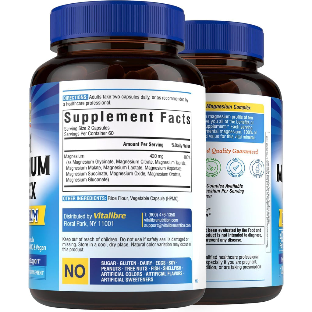 Vitalibre 10 in 1 Magnesium Complex, 420mg Elemental Magnesium 120 Capsules | Ultra Strength, Max Absorption | Chelated Magnesium Supplement for Women Men Nerves, Bone & Heart Health | Non-GMO
