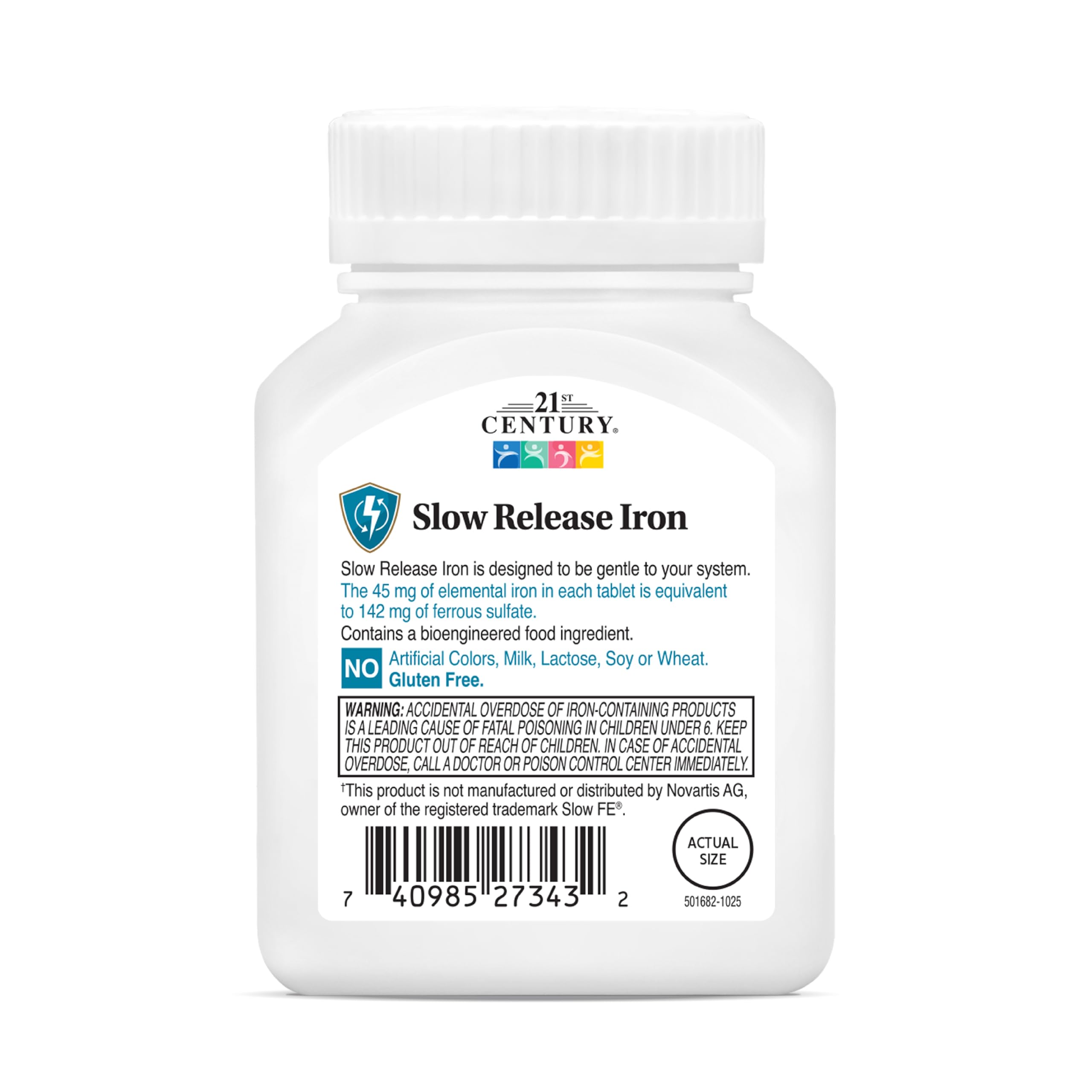 21st Century Slow Release Iron 45mg Tablets, Gentle on Stomach, 60 Count | High-Potency Ferrous Sulfate, Compare VS. Slow FE® & Healthy Red Blood Cells, Gluten Free, No Added Yeast, For Women & Men