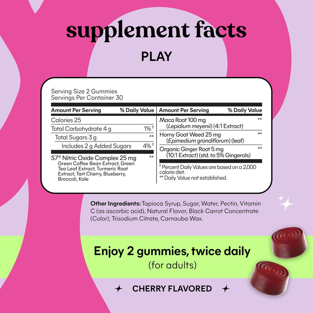 Lemme Play Daily Intimacy Gummies for Women and Men, 30-Day Supply | Clinically-Studied S7 Nitric Oxide Complex for Healthy Blood Flow, Maca Root, Goat Weed - Cherry Flavored