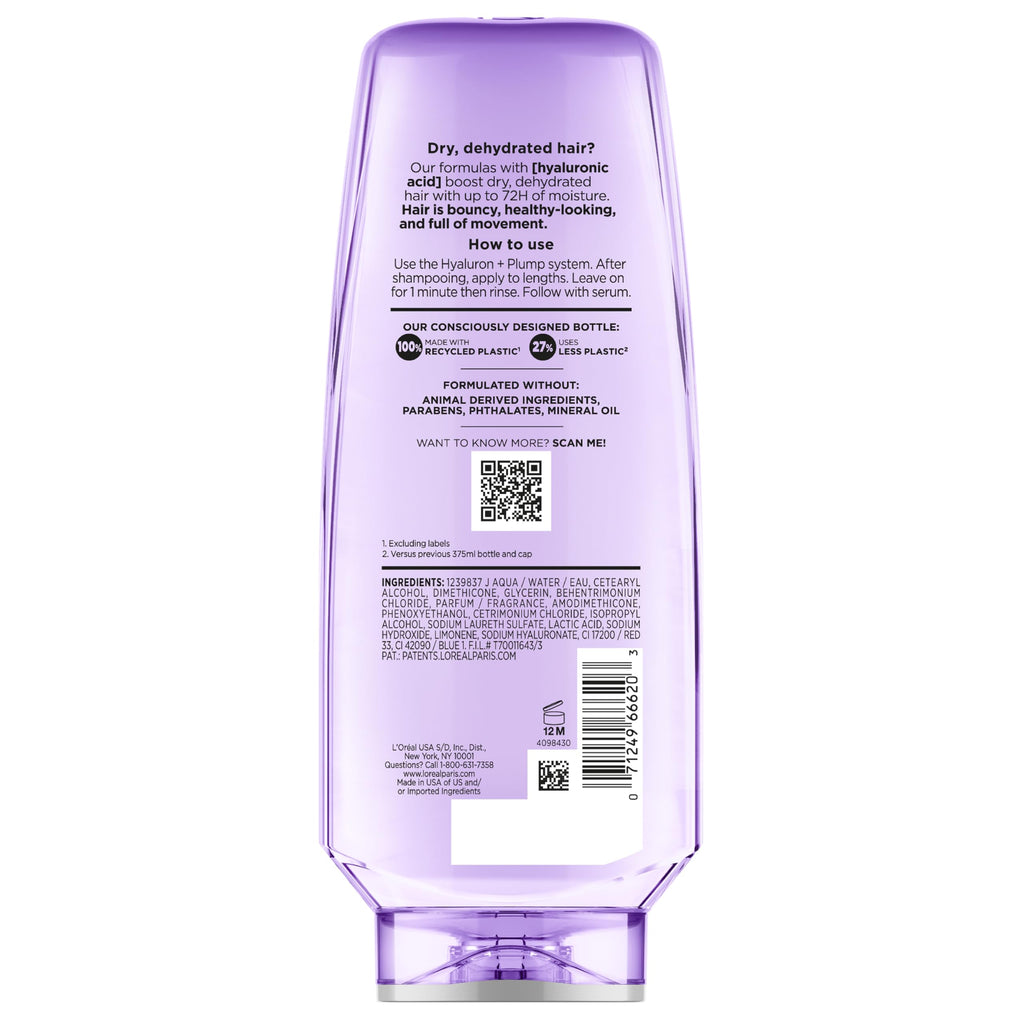 L'Oreal Paris Elvive Hyaluron Plump Hydrating Conditioner for Dehydrated, Dry Hair Infused with Hyaluronic Acid Care Complex, Paraben-Free, 12.6 Fl Oz